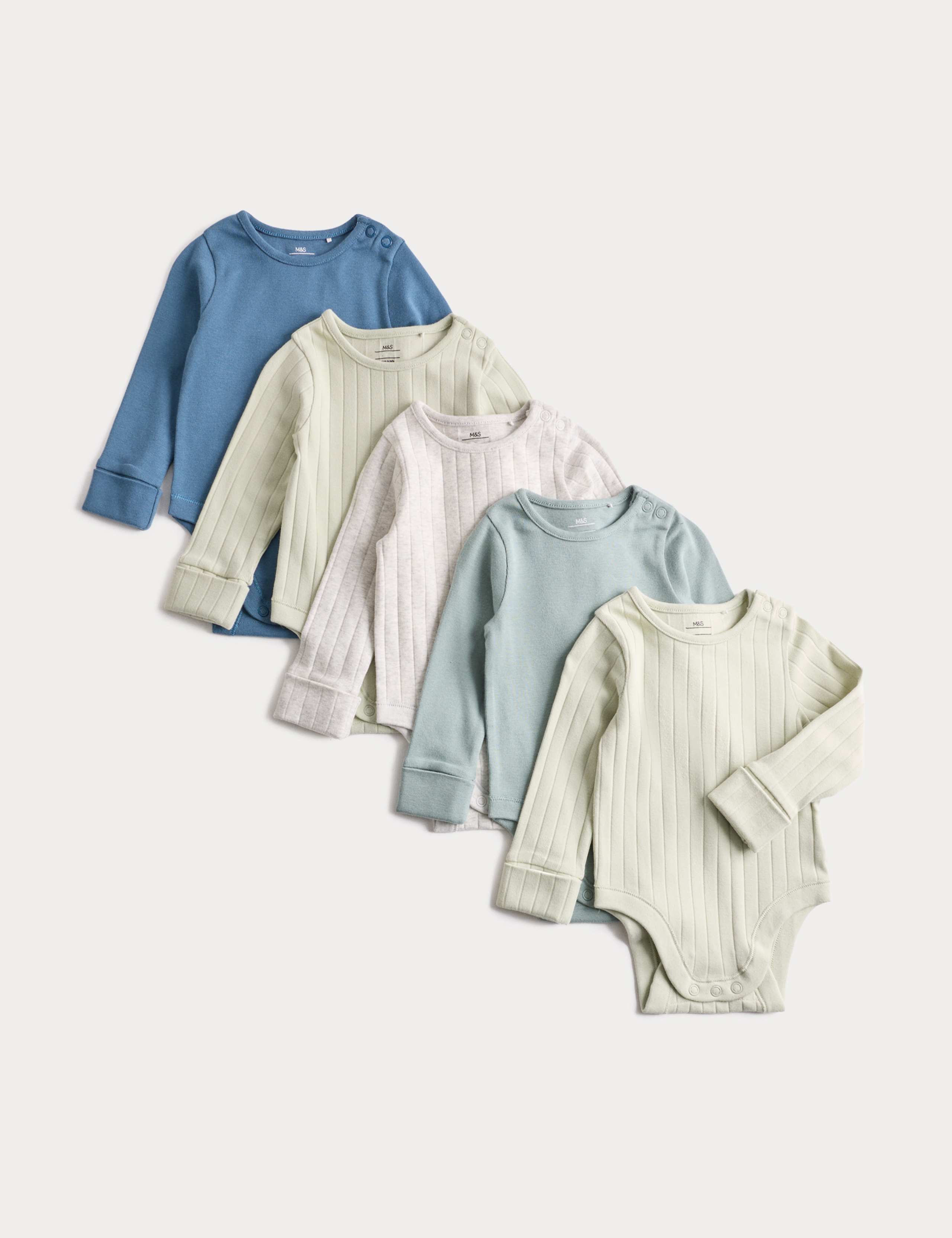 5 Pack Cotton-Rich Rib Long Sleeve Bodysuits (0-3 Yrs) 1 of 2