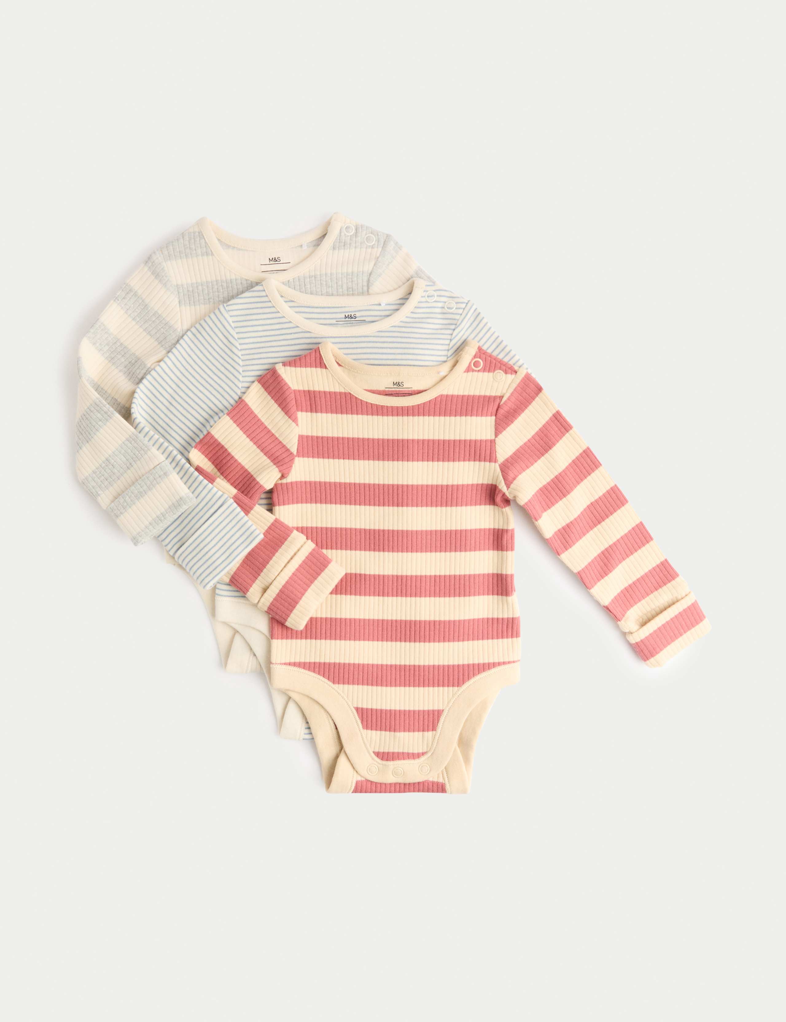 3 Pack Cotton Rich Striped Long Sleeve Bodysuits (0-3 Yrs) 1 of 3