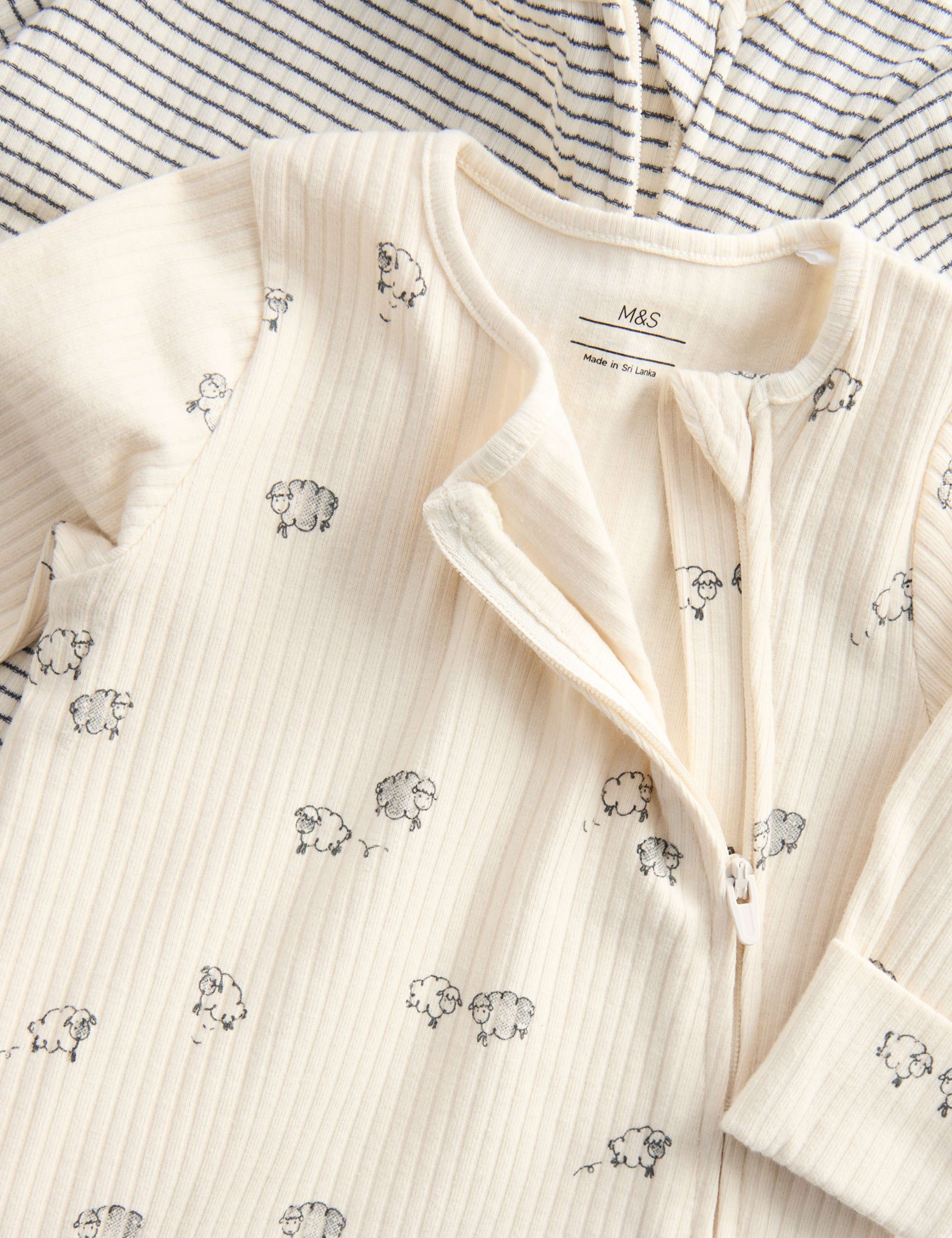 3 Pack Cotton Rich Sheep Ribbed Sleepsuits (6½lbs-3 Yrs) 2 of 3