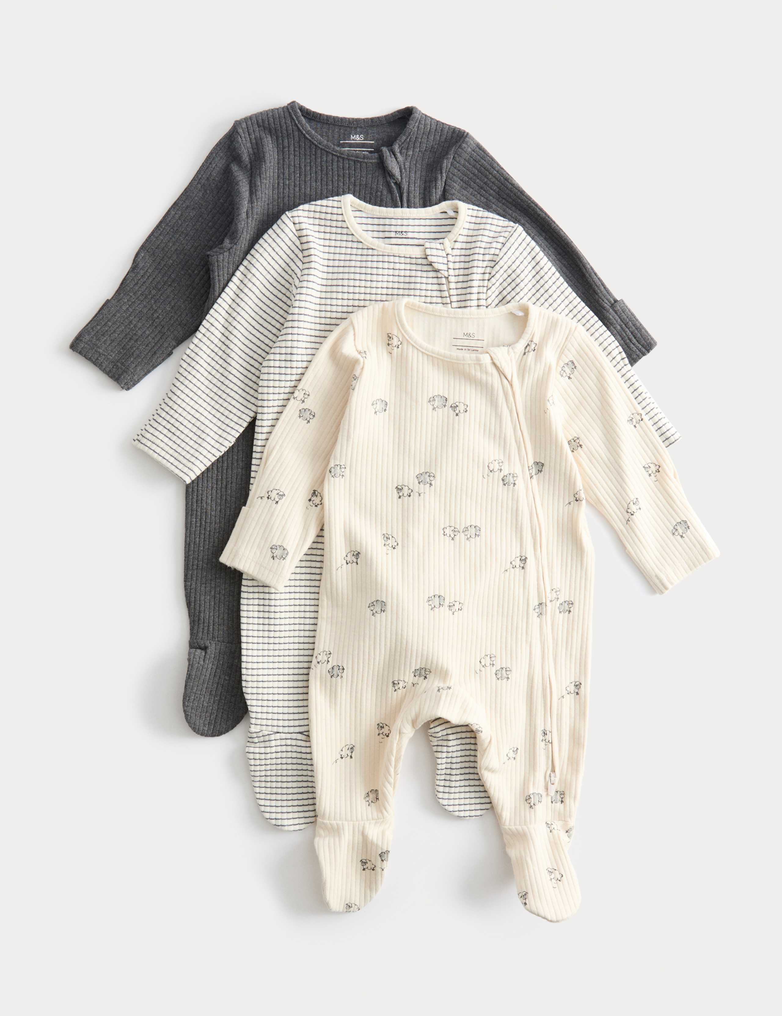 3pk Cotton Rich Sheep Ribbed Sleepsuits (0 Mths-3 Yrs) 1 of 3