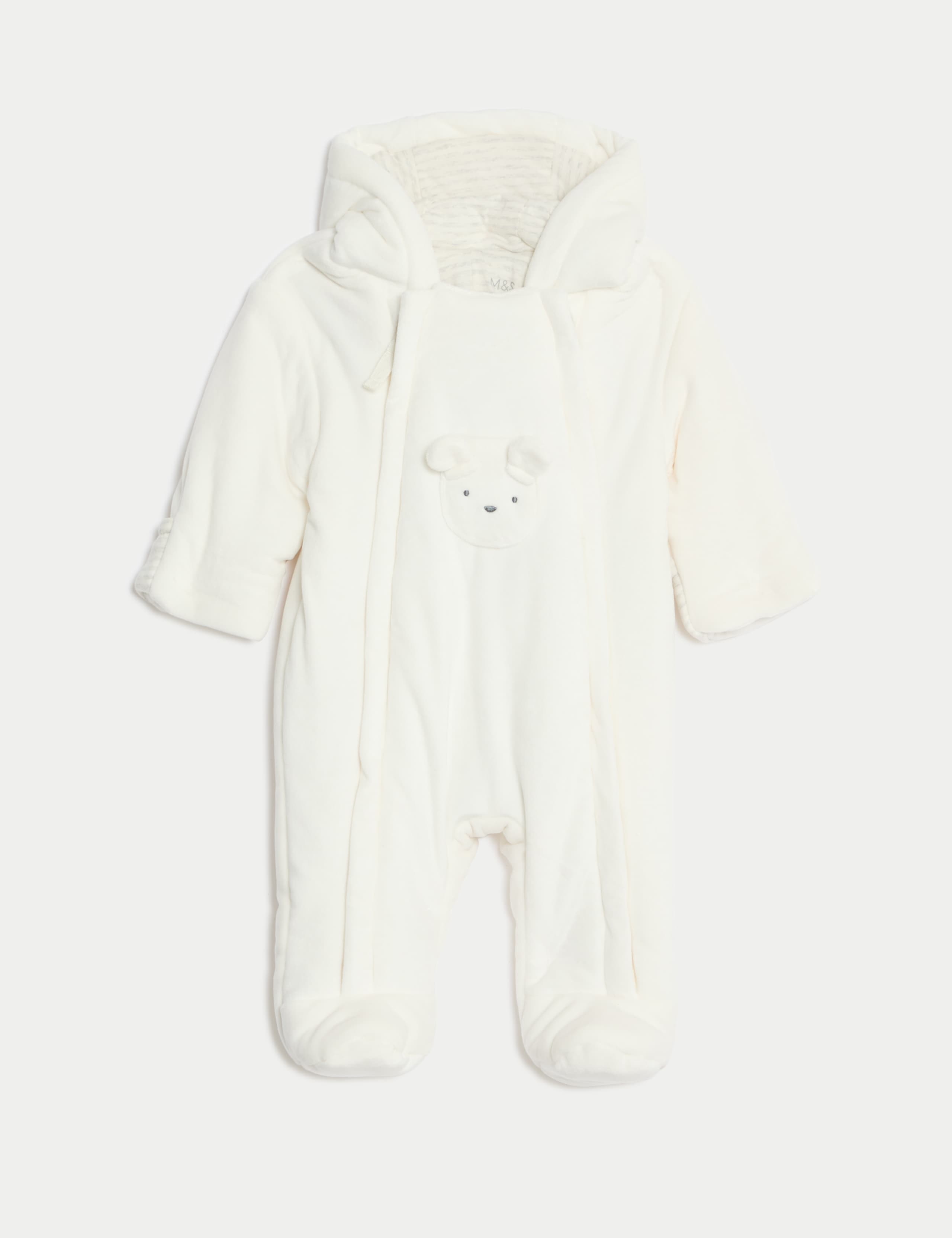 Velour Bear Pocket Hooded Pramsuit (0-12 Mths) 1 of 4