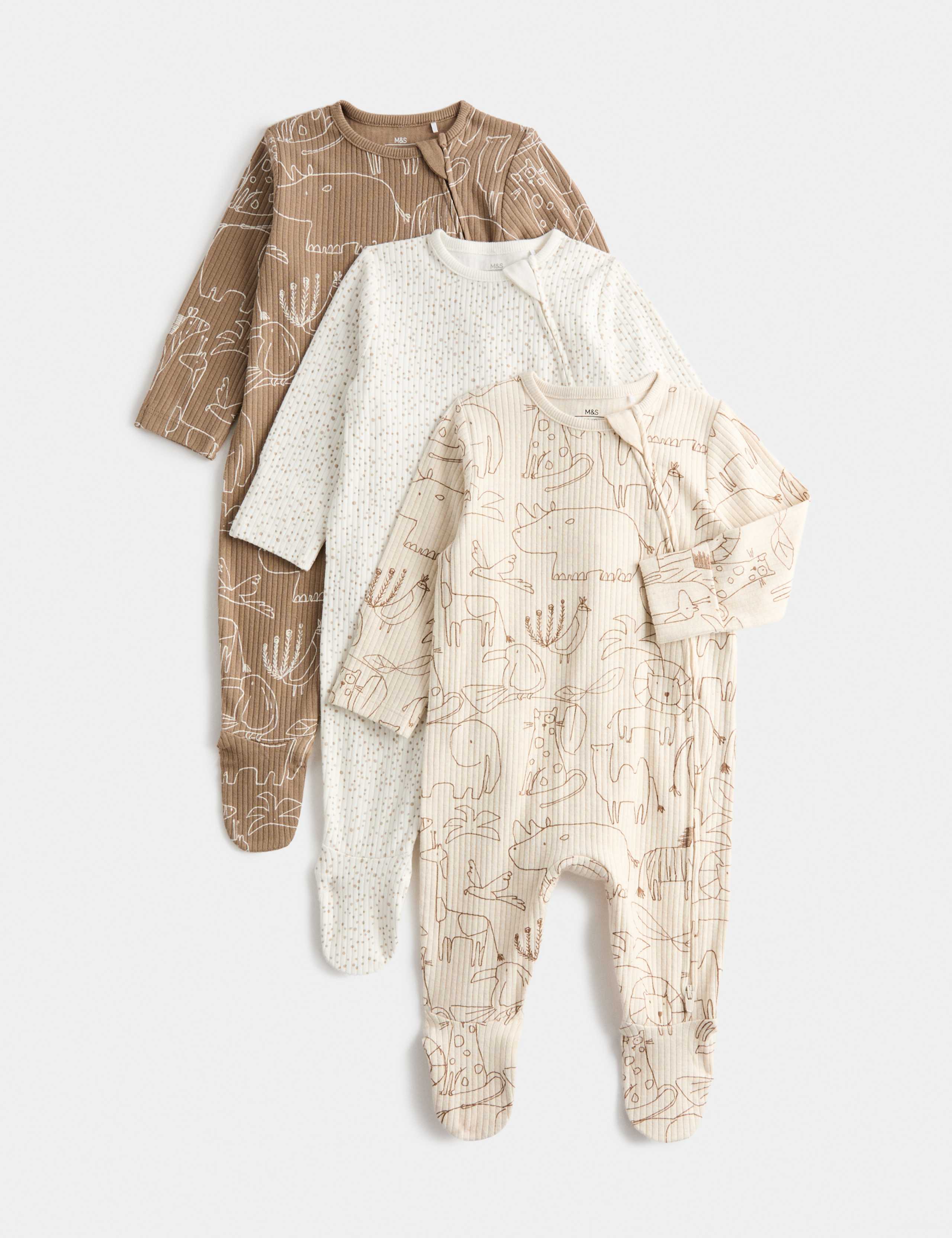 3 Pack Cotton Rich Safari Sleepsuits (6½lbs - 3 Yrs) 1 of 3