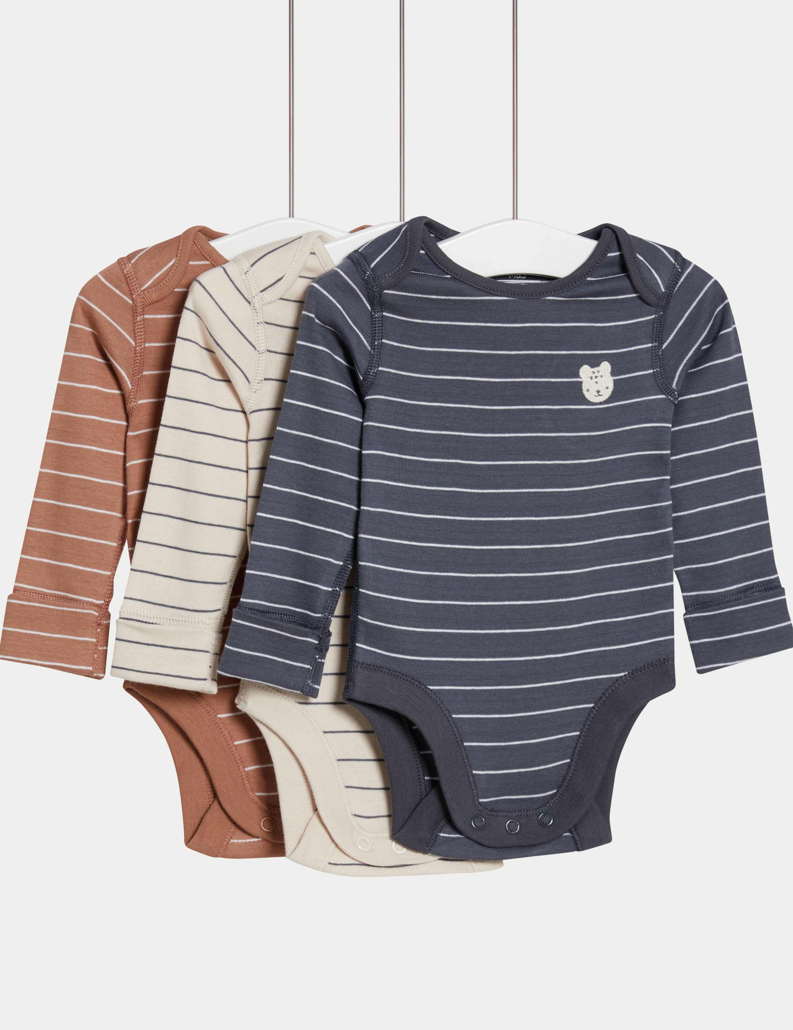 3pk Pure Cotton Striped & Bear Bodysuits (0-3 Yrs) 1 of 1