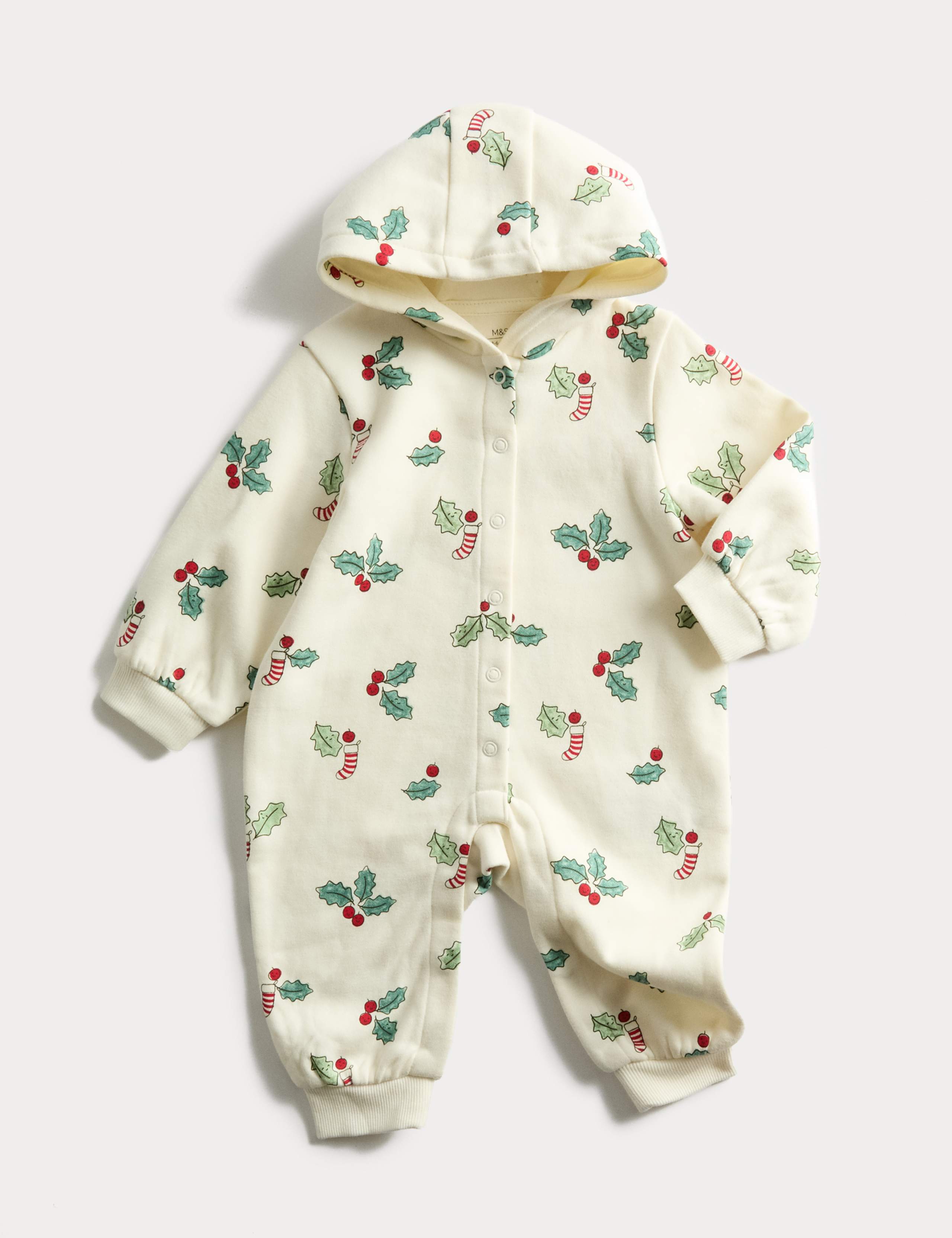 Cotton Rich Novelty Holly Print Hooded All in One (7lbs Mths-3 Yrs) 1 of 3