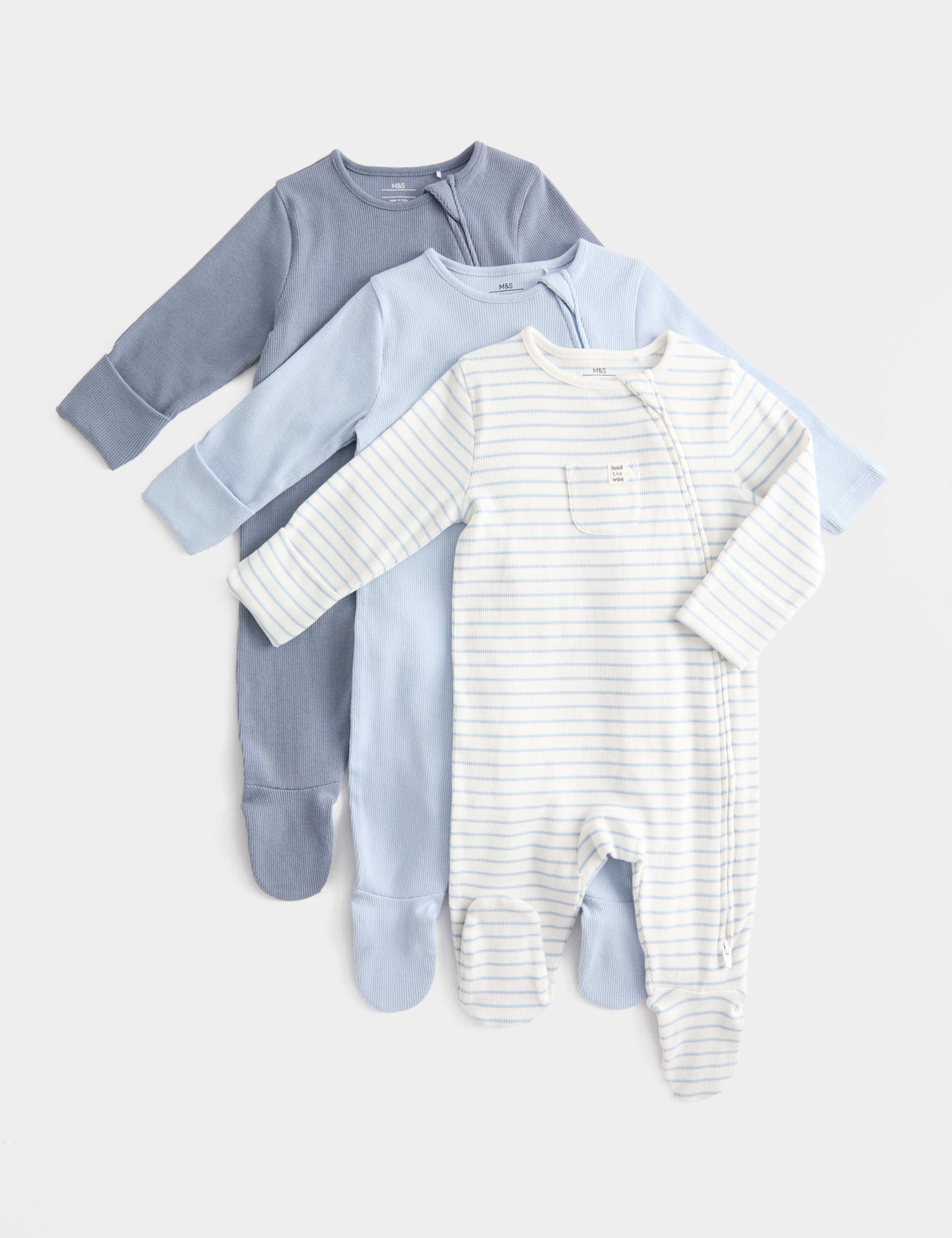 3pk Cotton Rich Ribbed Sleepsuits (6½lbs-3 Yrs) 1 of 3