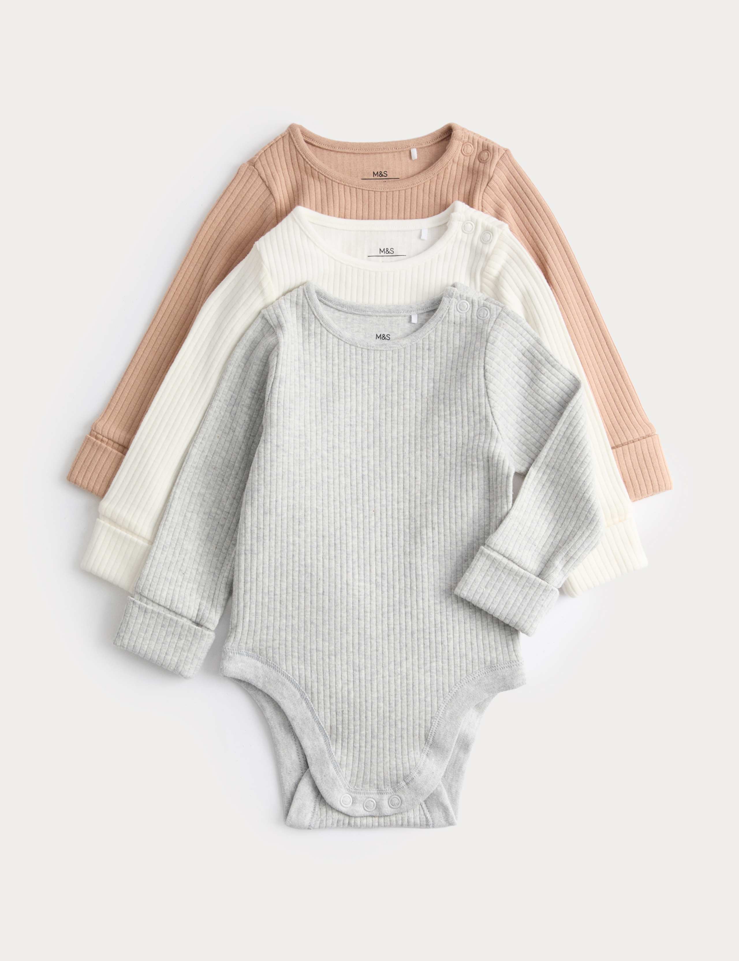 3pk Cotton Rich Ribbed Long Sleeve Bodysuits (0-3 Yrs) 1 of 3