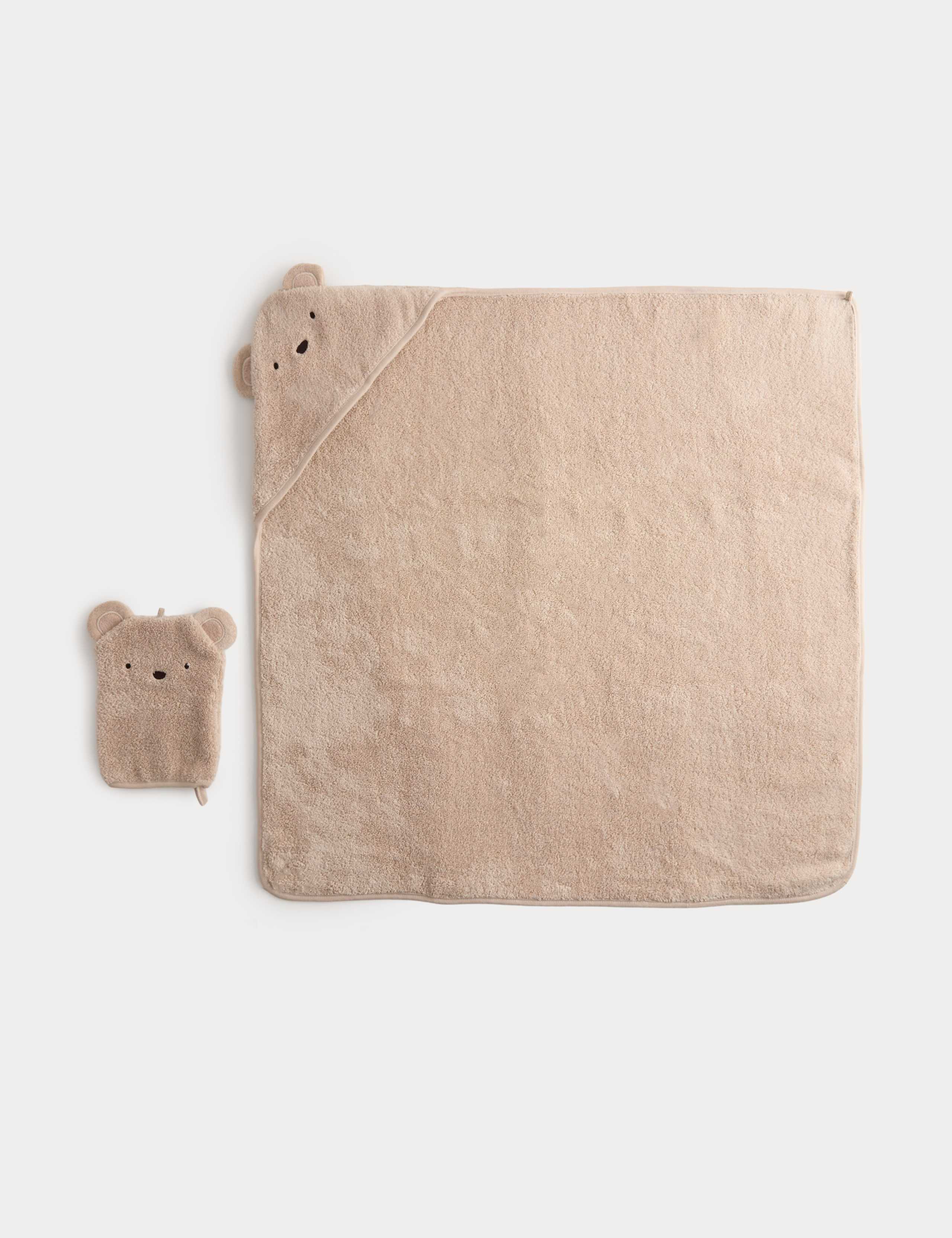 2pc Pure Cotton Bear Hooded Towel & Wash Mitt 2 of 2