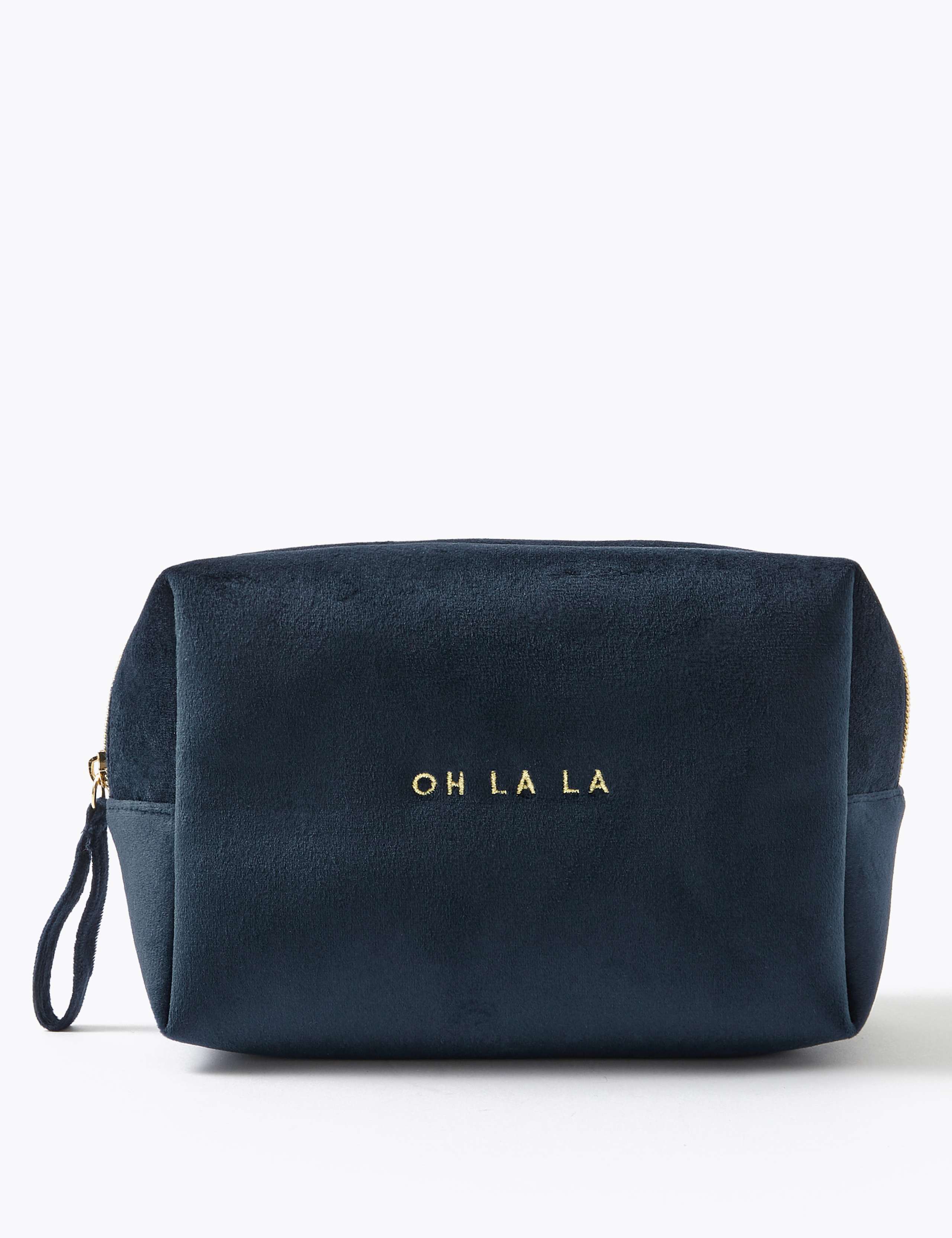 Navy Oh La La Slogan Velvet Bag 1 of 3
