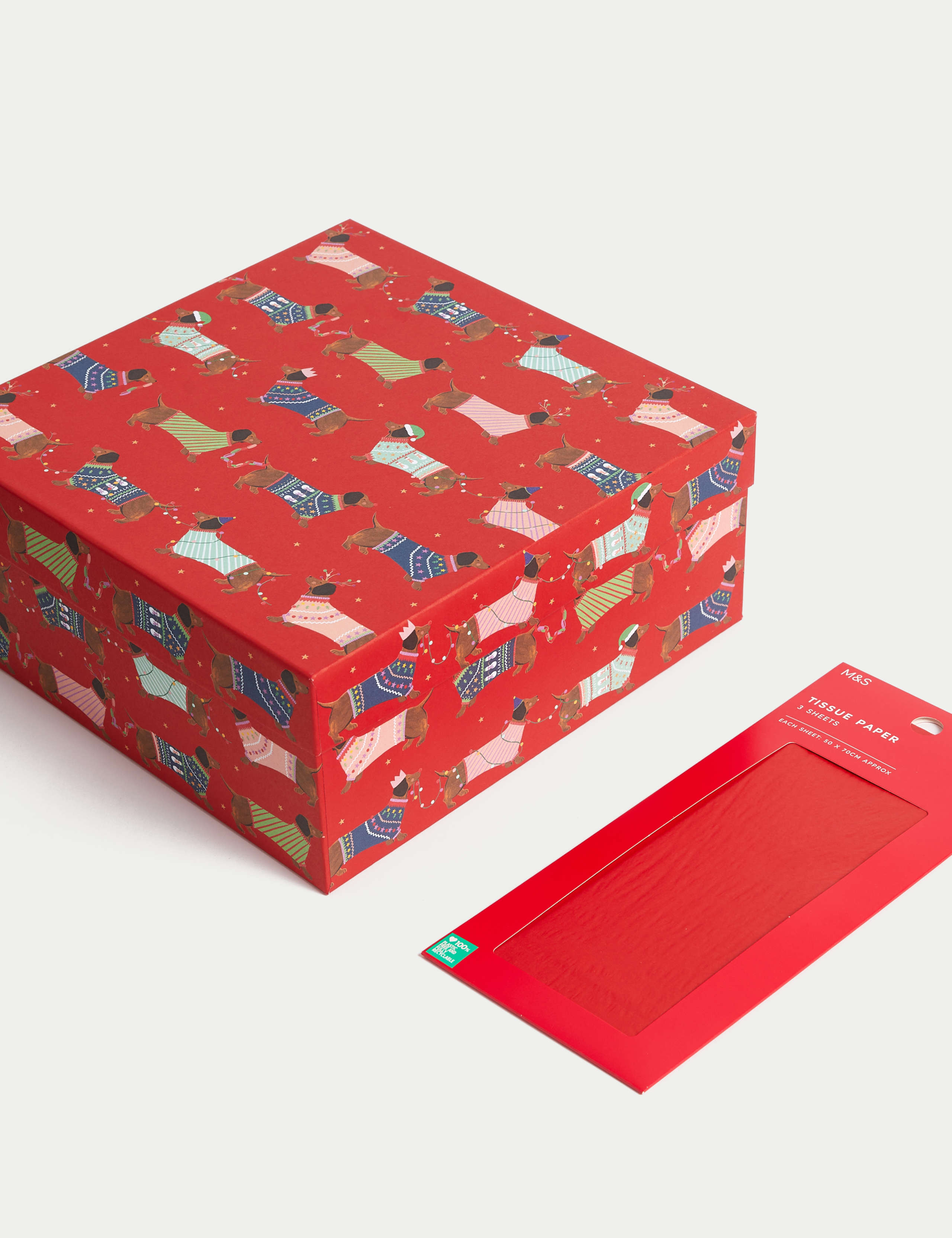 Sausage Dog Christmas Gift Box & Red Tissue Paper Pack 1 of 3