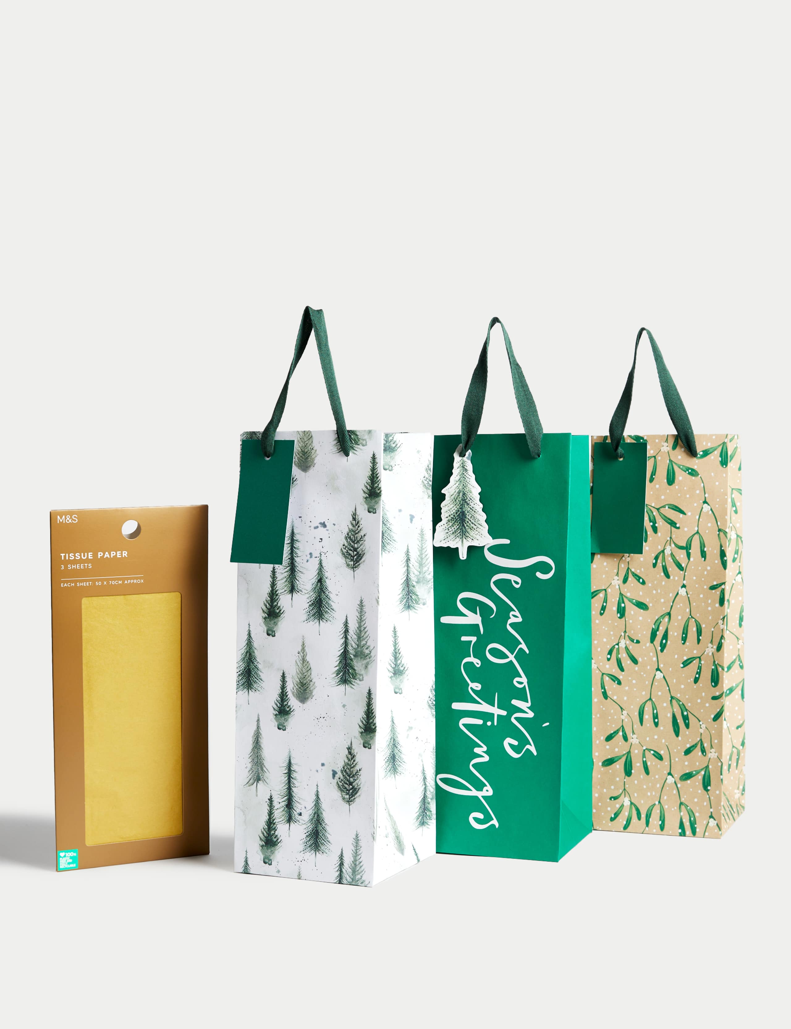 3 Green Christmas Bottle Bags & Tissue Paper Pack 1 of 3