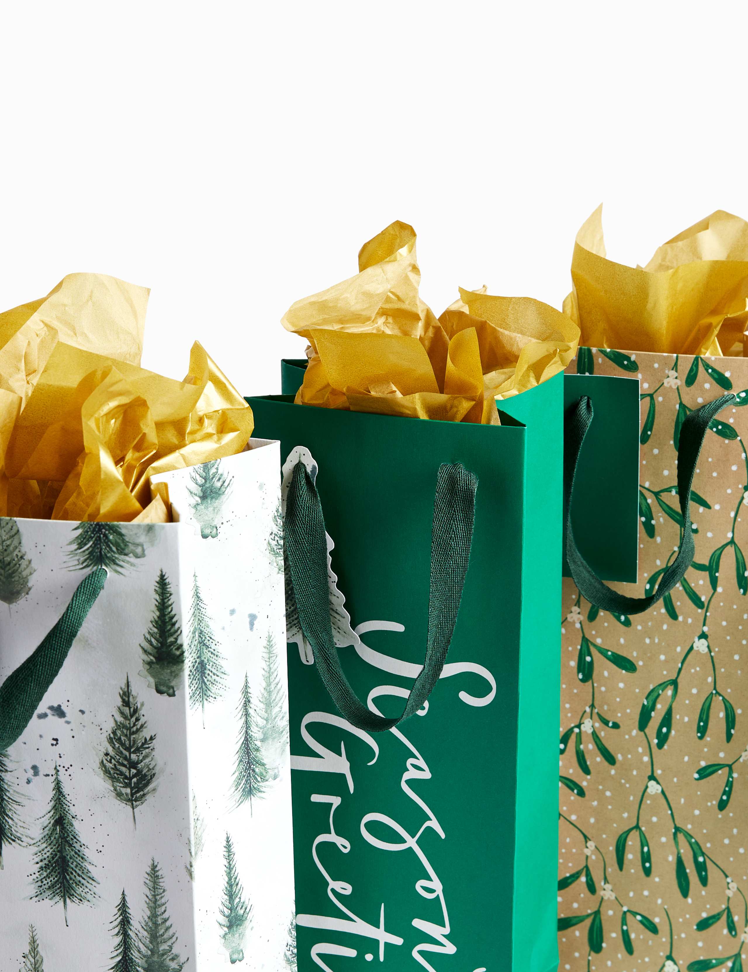3 Green Christmas Bottle Bags & Tissue Paper Pack 2 of 3