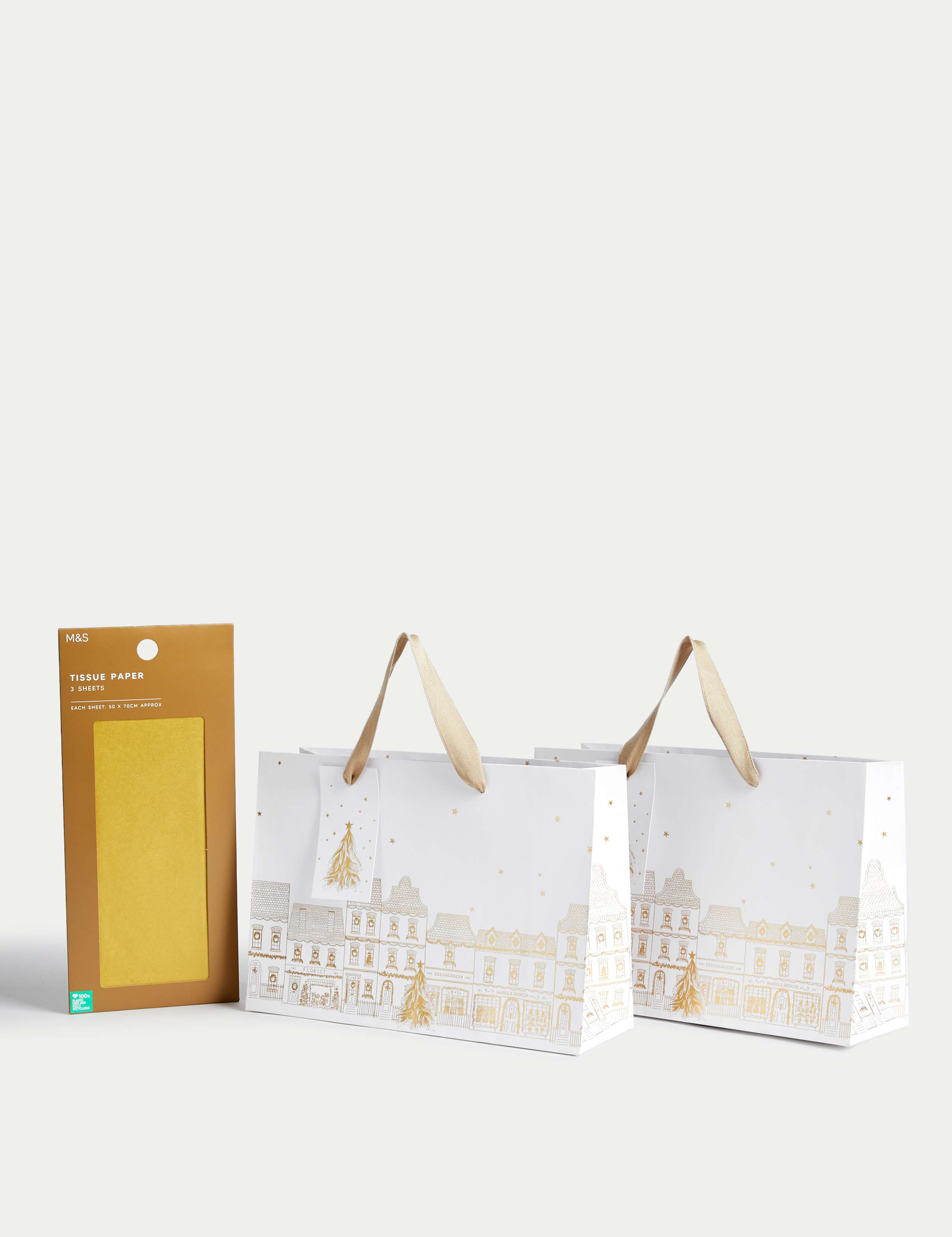 2 Gold Town Scene Medium Christmas Gift Bags & Tissue Paper 1 of 3