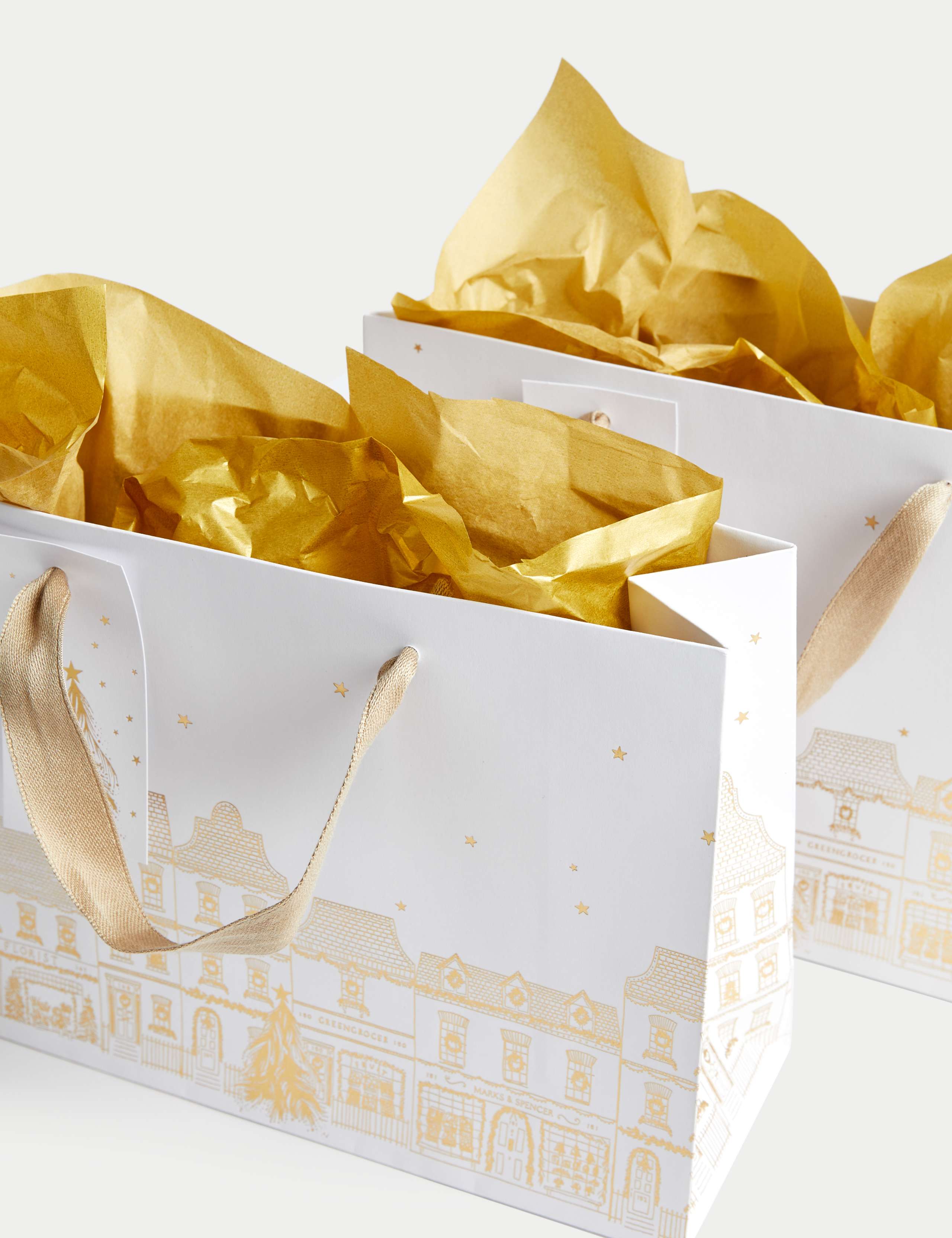 2 Gold Town Scene Medium Christmas Gift Bags & Tissue Paper 2 of 3