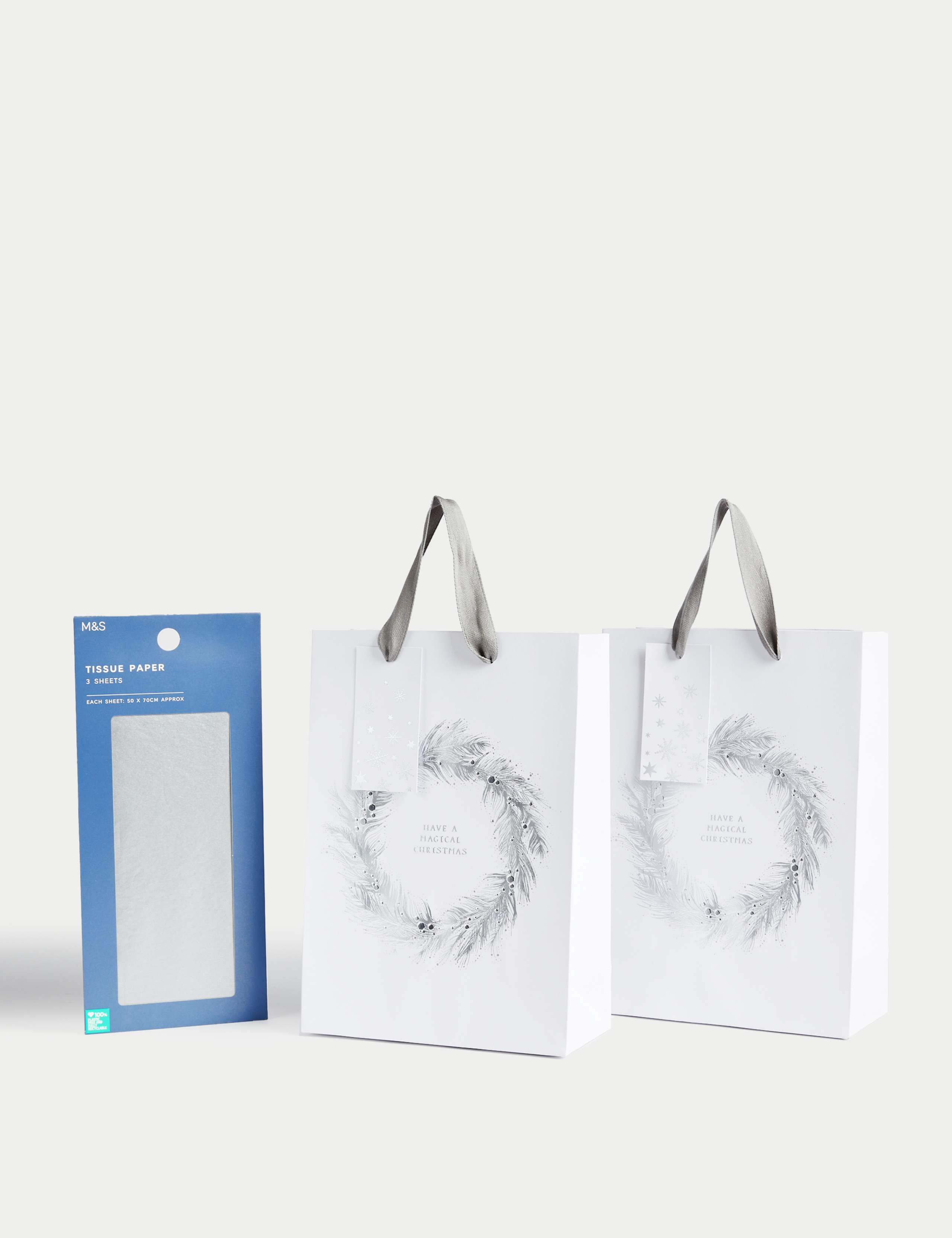 2 Silver Wreath Medium Christmas Gift Bags & Tissue Paper 1 of 3
