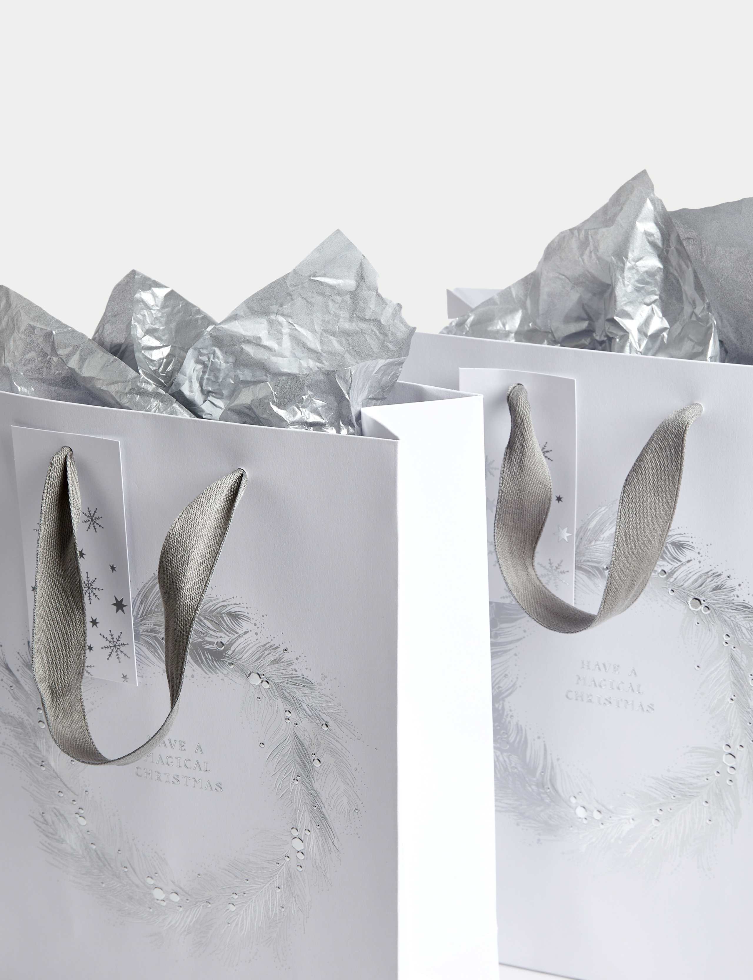 2 Silver Wreath Medium Christmas Gift Bags & Tissue Paper 2 of 3