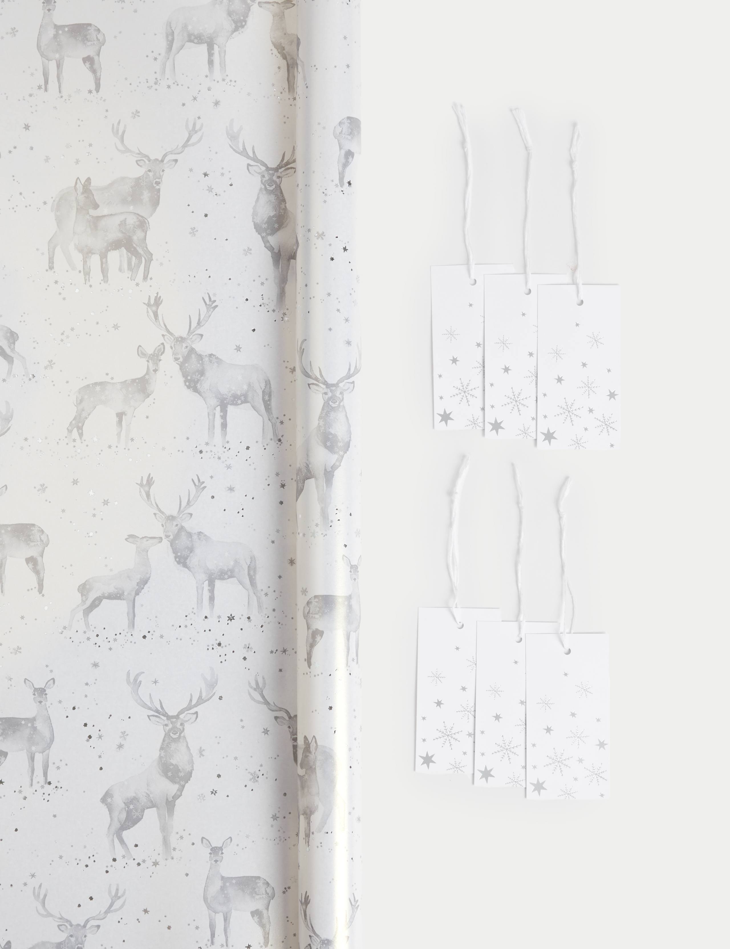 Luxury Silver Stag 3M Christmas Gift Wrap & 6 Gift Tags Pack 1 of 2