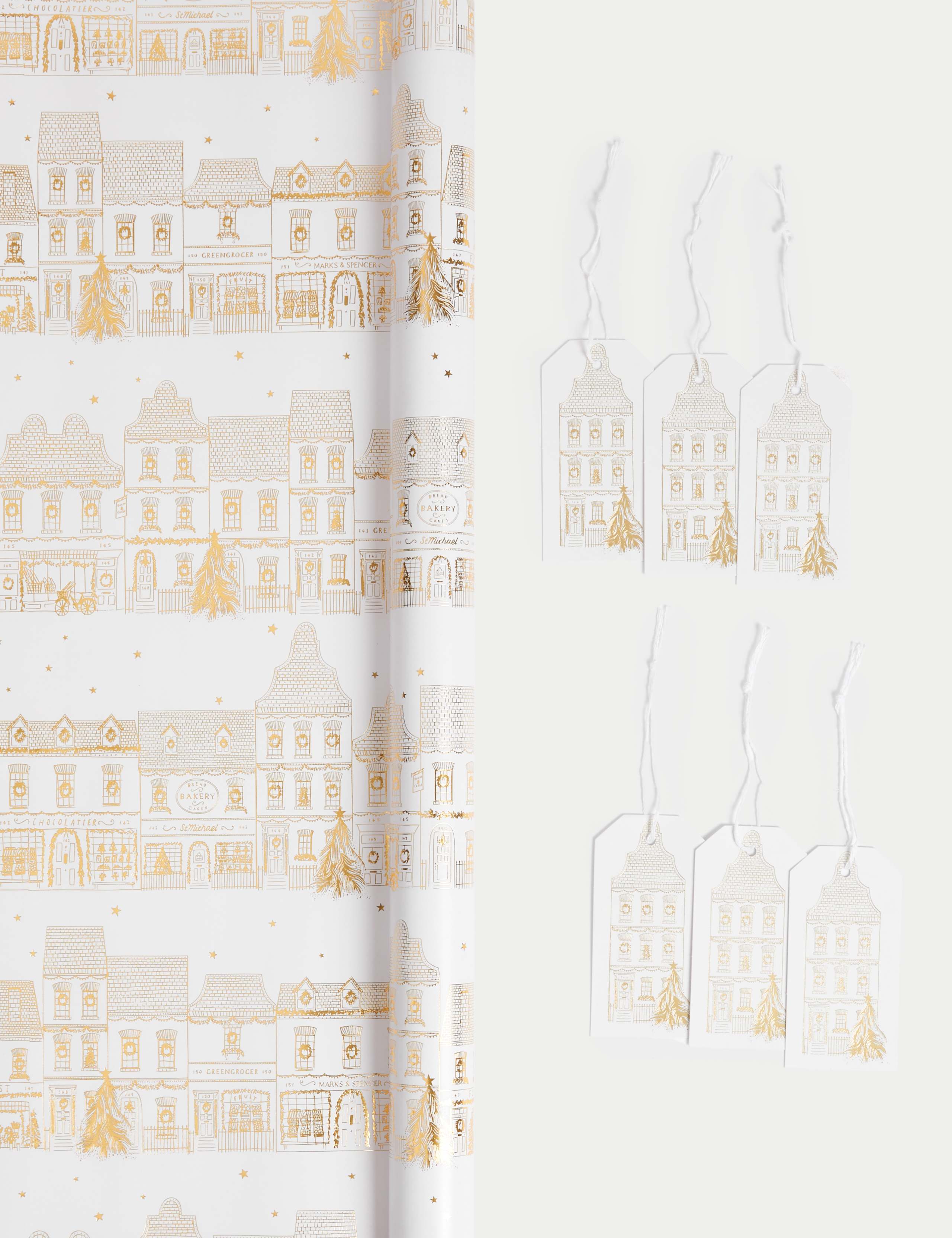 Luxury Gold Foil Townhouse 3M Christmas Gift Wrap & 6 Gift Tags 1 of 2