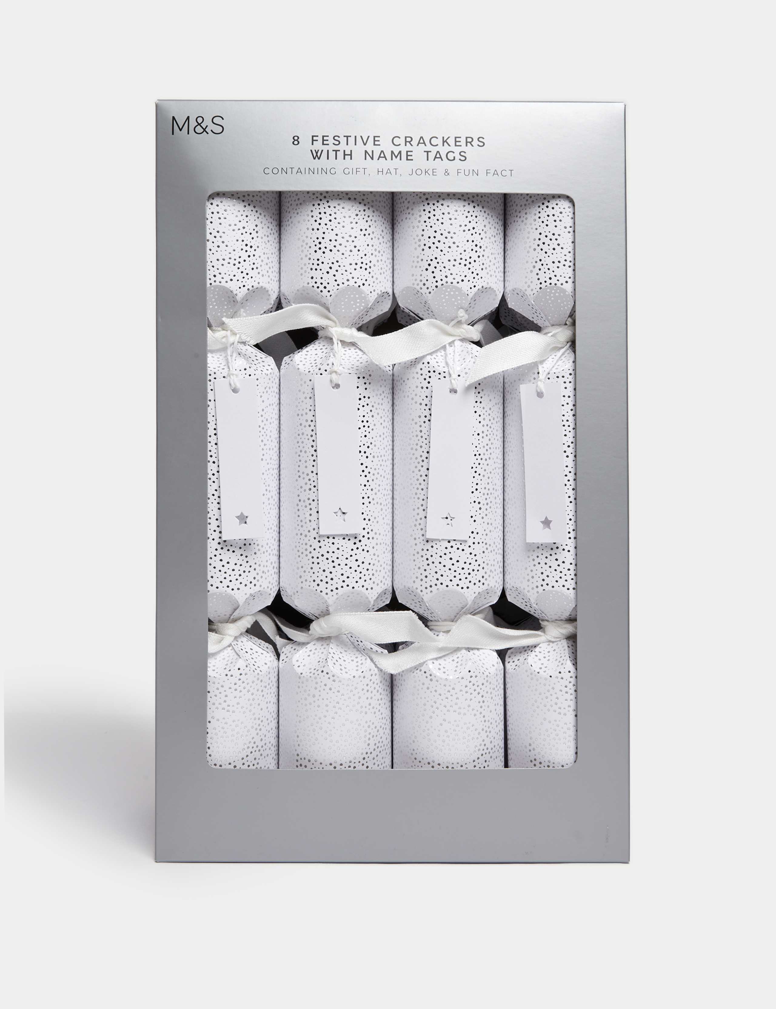 8 Luxury Christmas Crackers With Name Tags - Silver & White Design 1 of 4