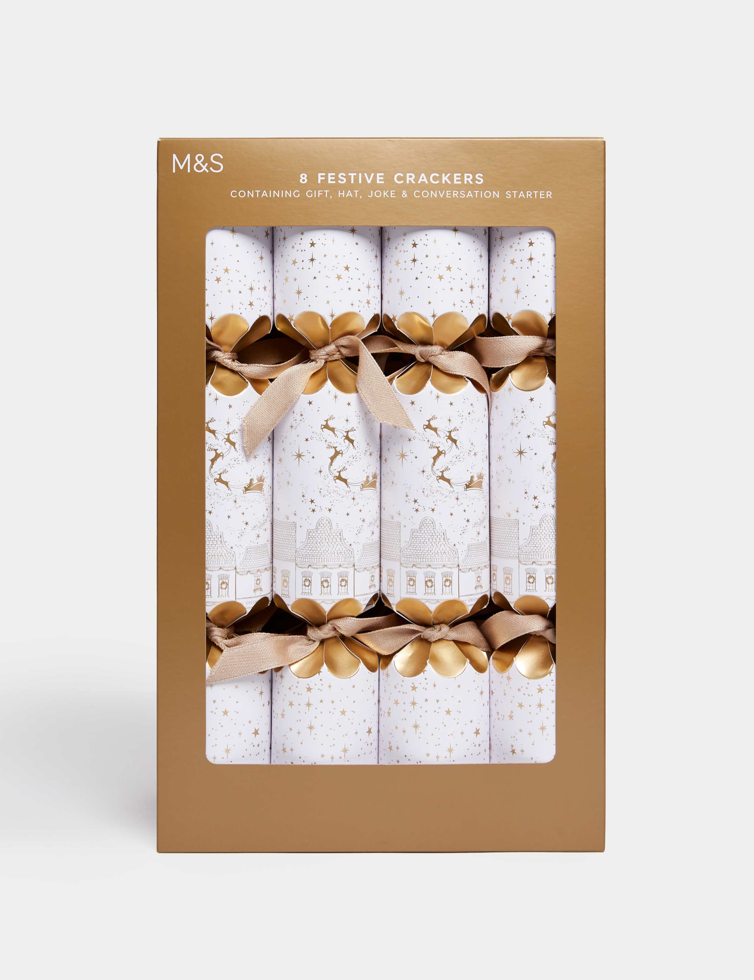 8 Luxury Christmas Crackers - White & Gold Design 1 of 4