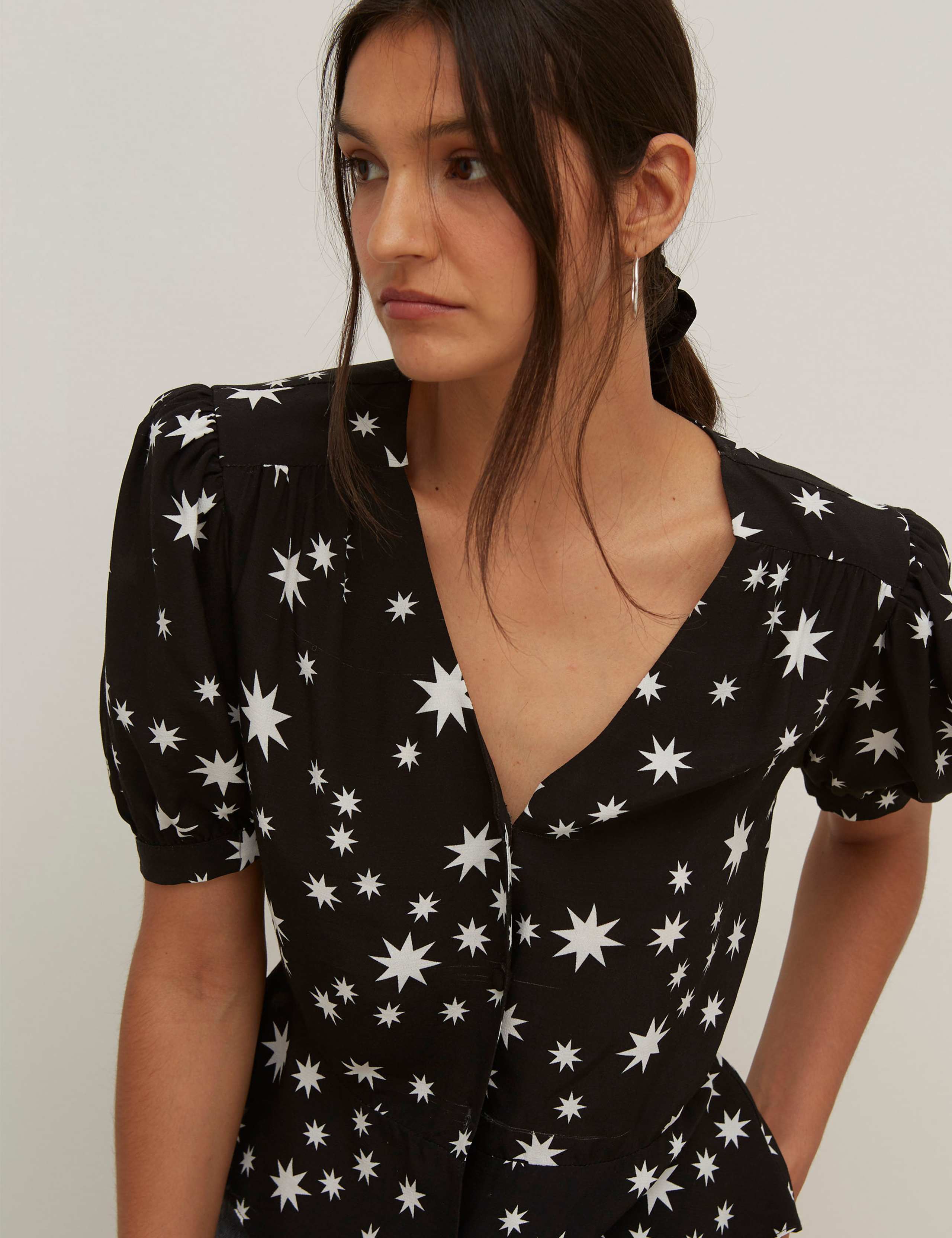 Star Print V-Neck Short Sleeve Blouse 1 of 5