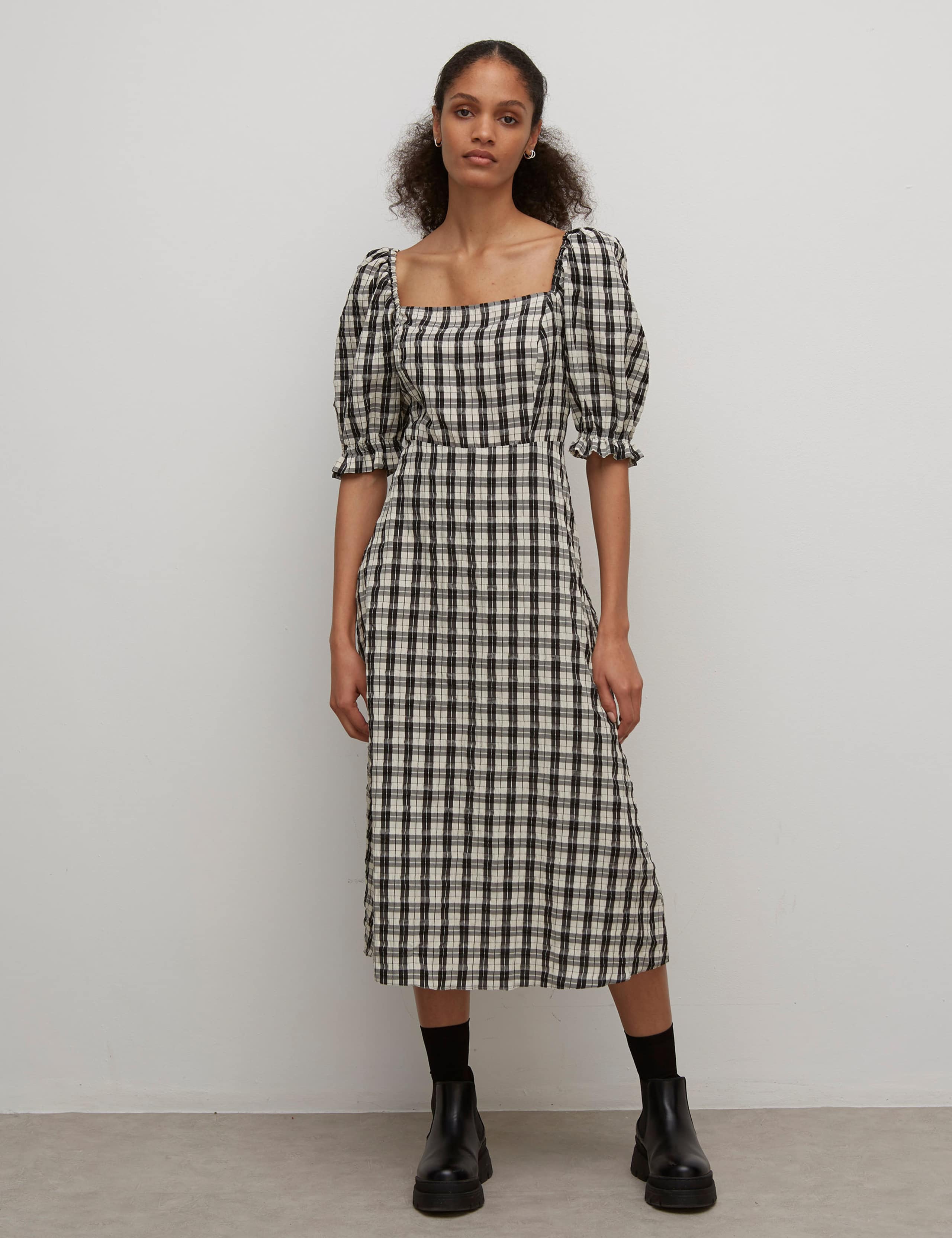 Checked Puff Sleeve Midi Waisted Dress 1 of 5