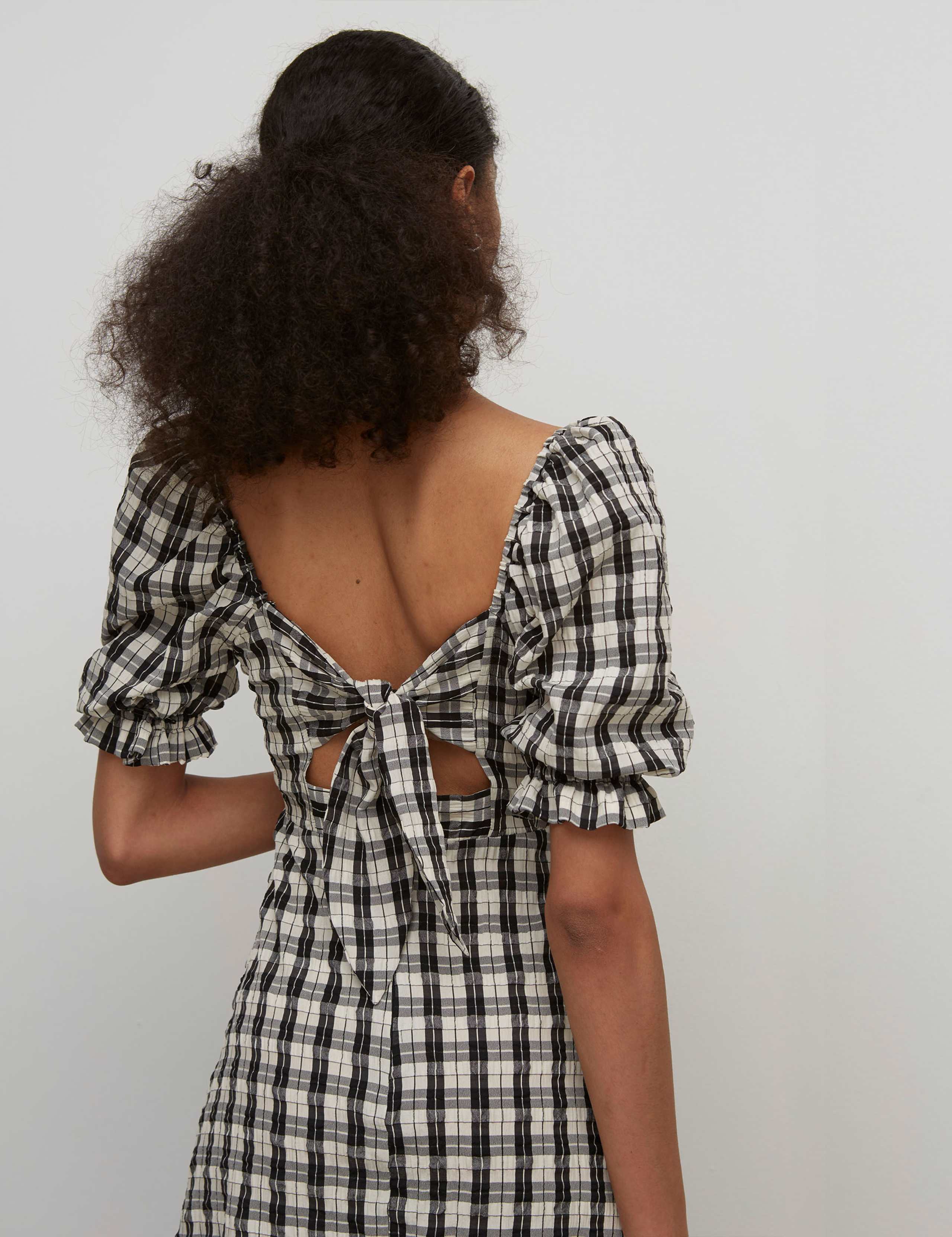 Checked Puff Sleeve Midi Waisted Dress 2 of 5