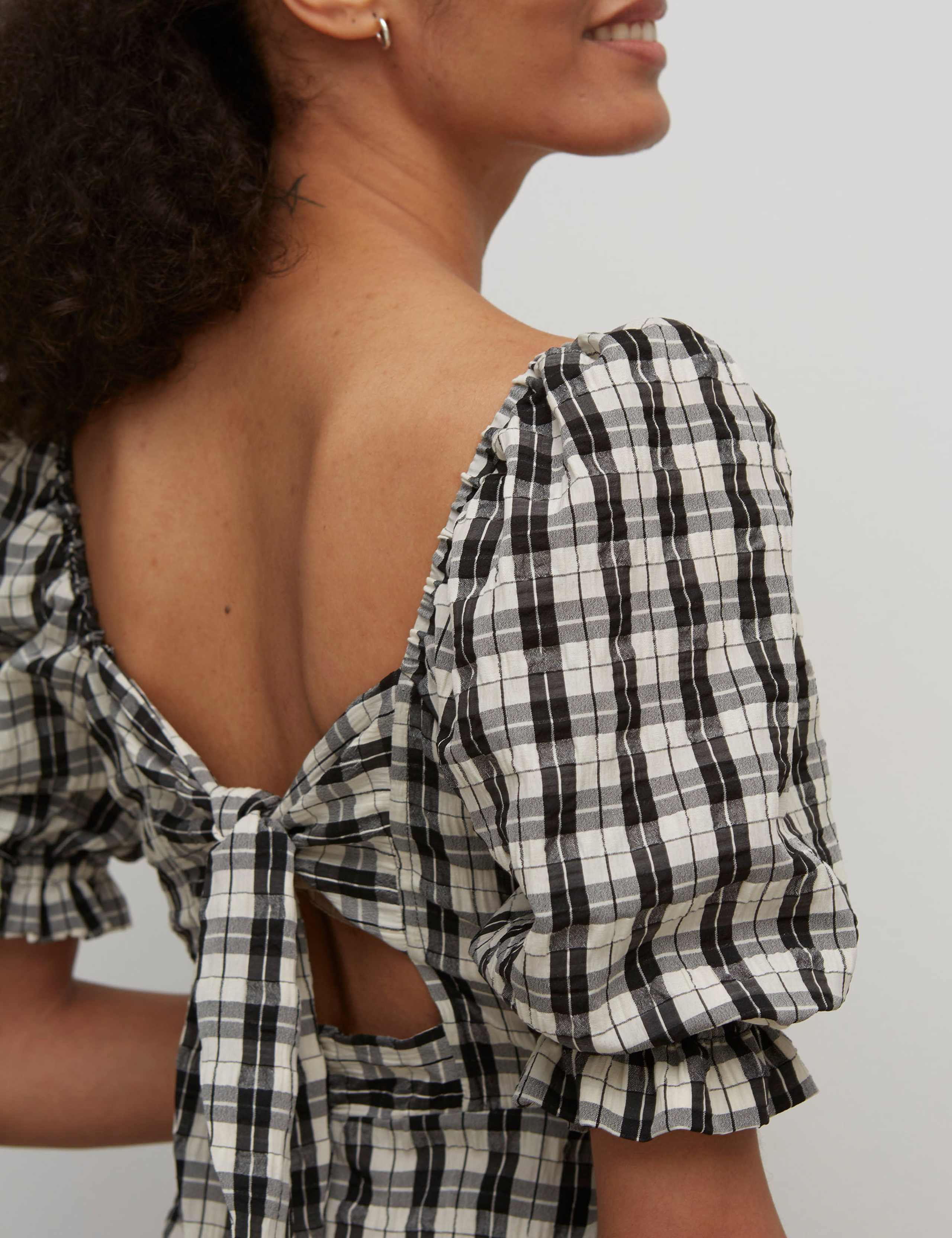 Checked Puff Sleeve Midi Waisted Dress 3 of 5