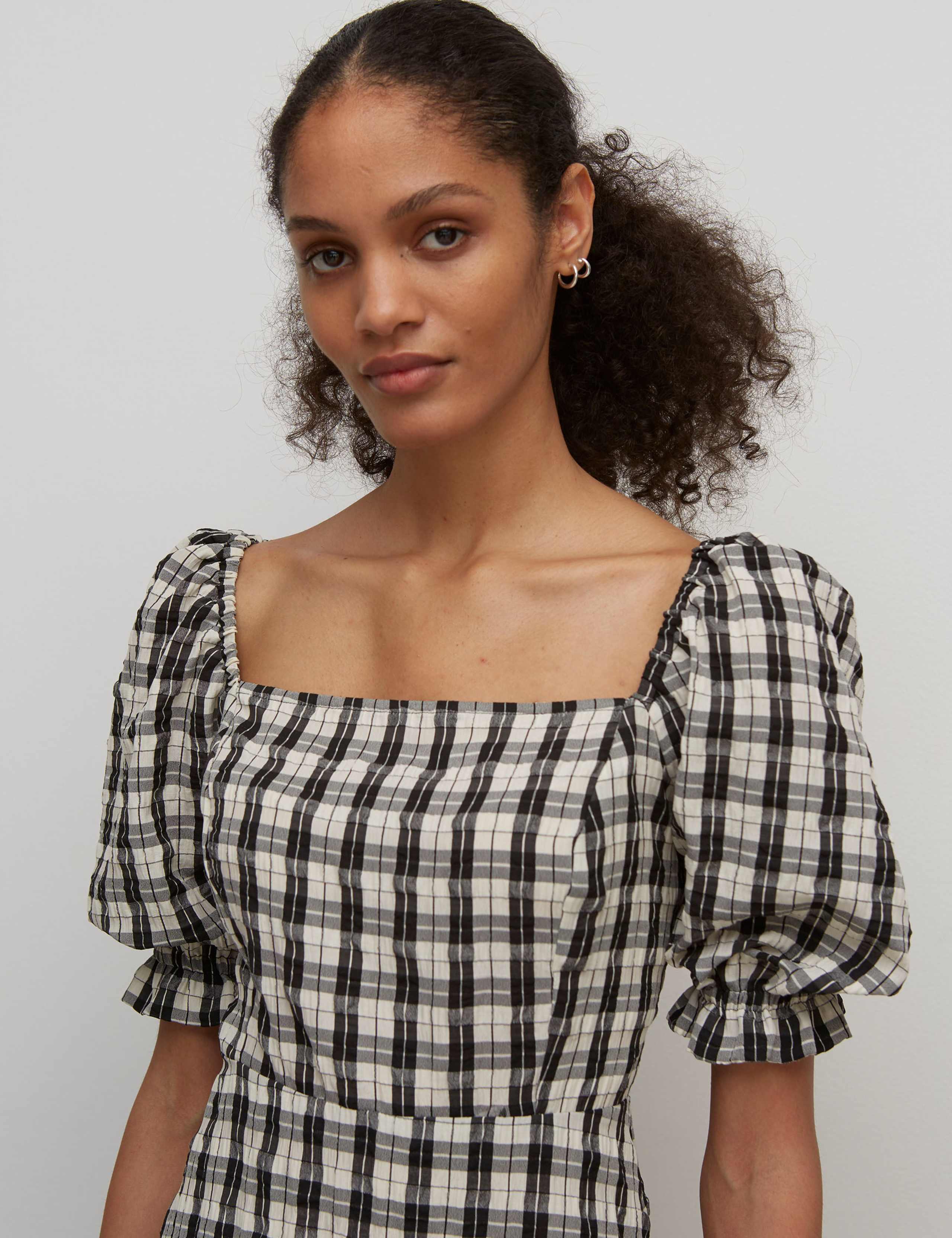 Checked Puff Sleeve Midi Waisted Dress 5 of 5
