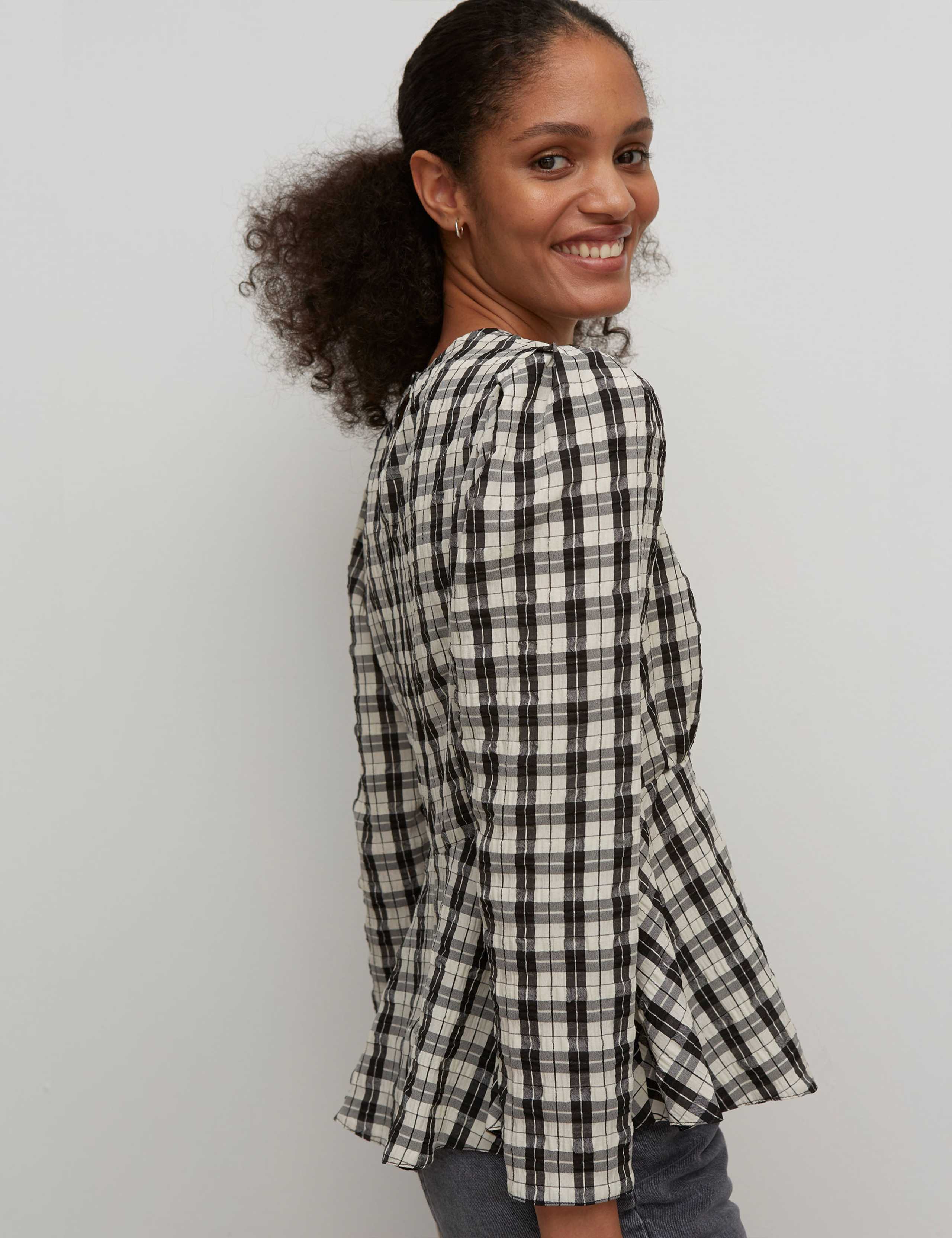 Checked Long Sleeve Peplum Top 4 of 5