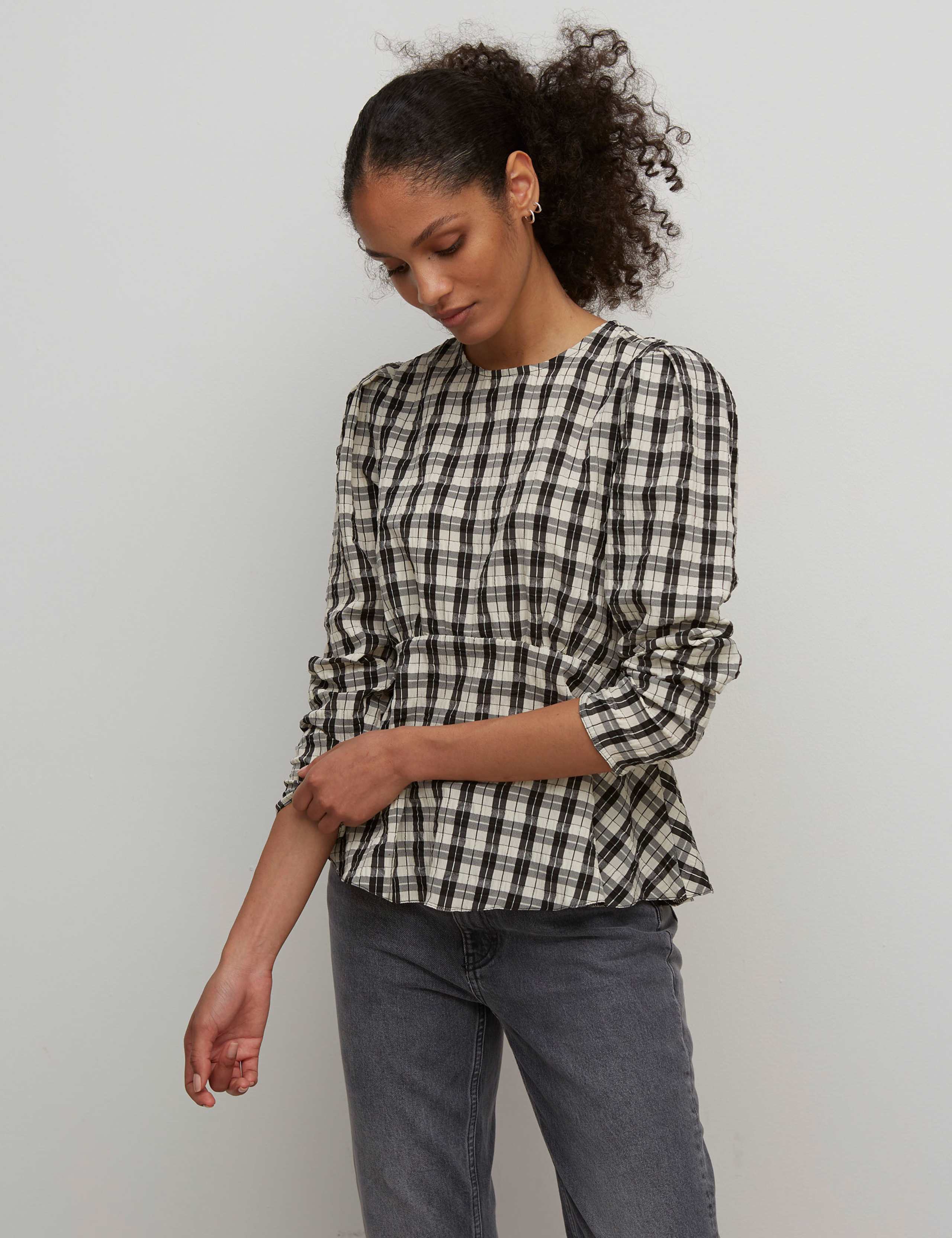 Checked Long Sleeve Peplum Top 5 of 5