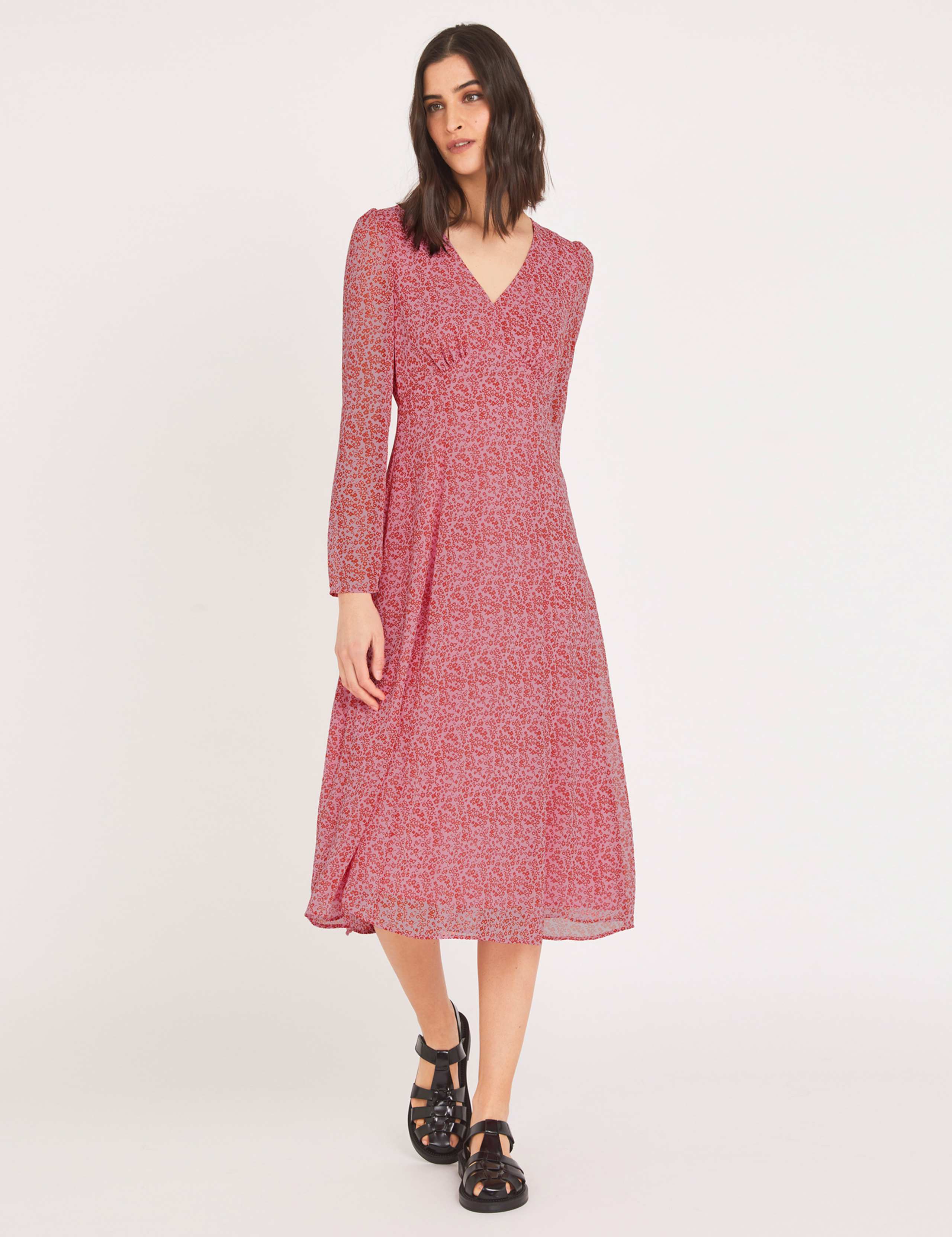 Chiffon Floral V-Neck Midi Tea Dress 1 of 4