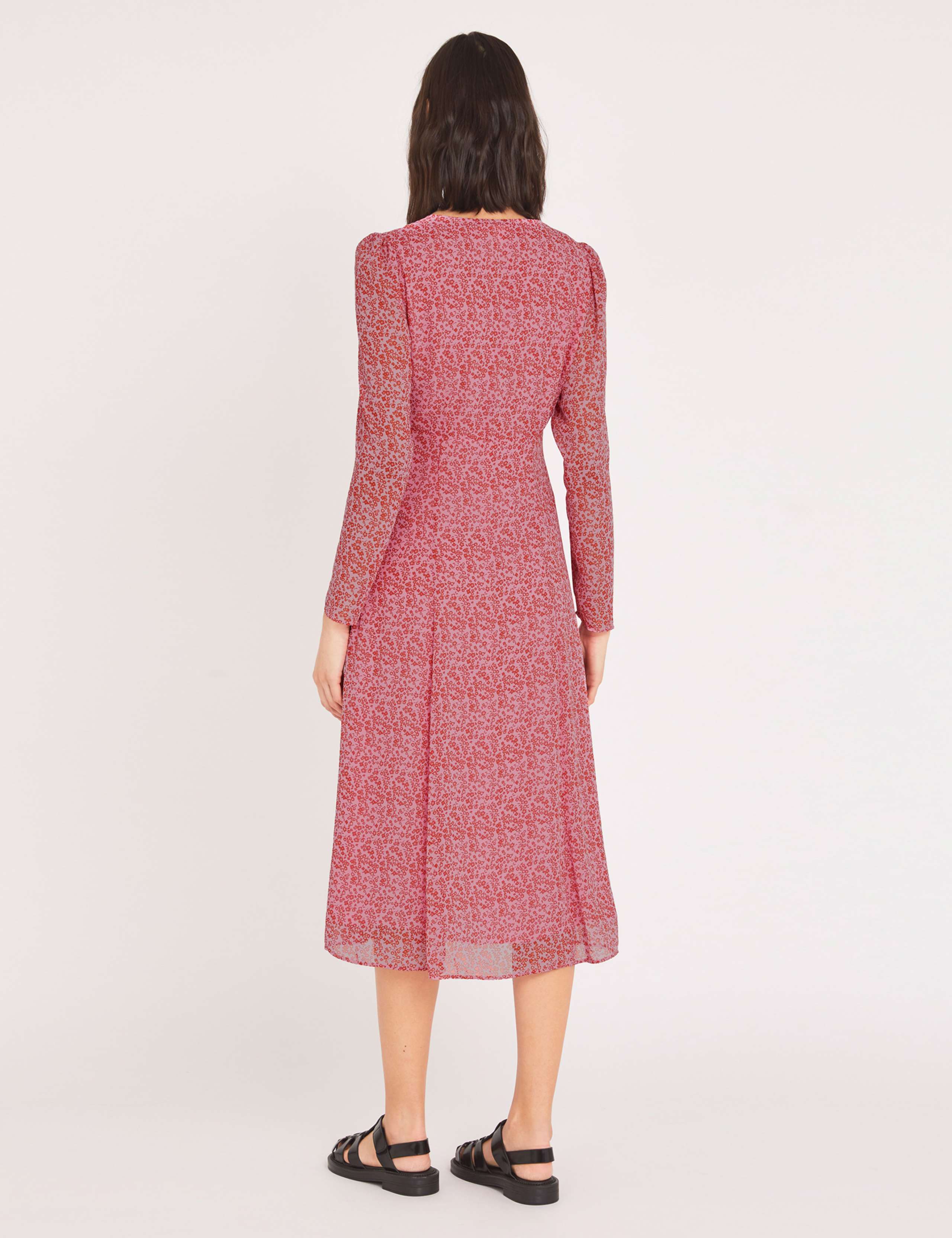 Chiffon Floral V-Neck Midi Tea Dress 3 of 4