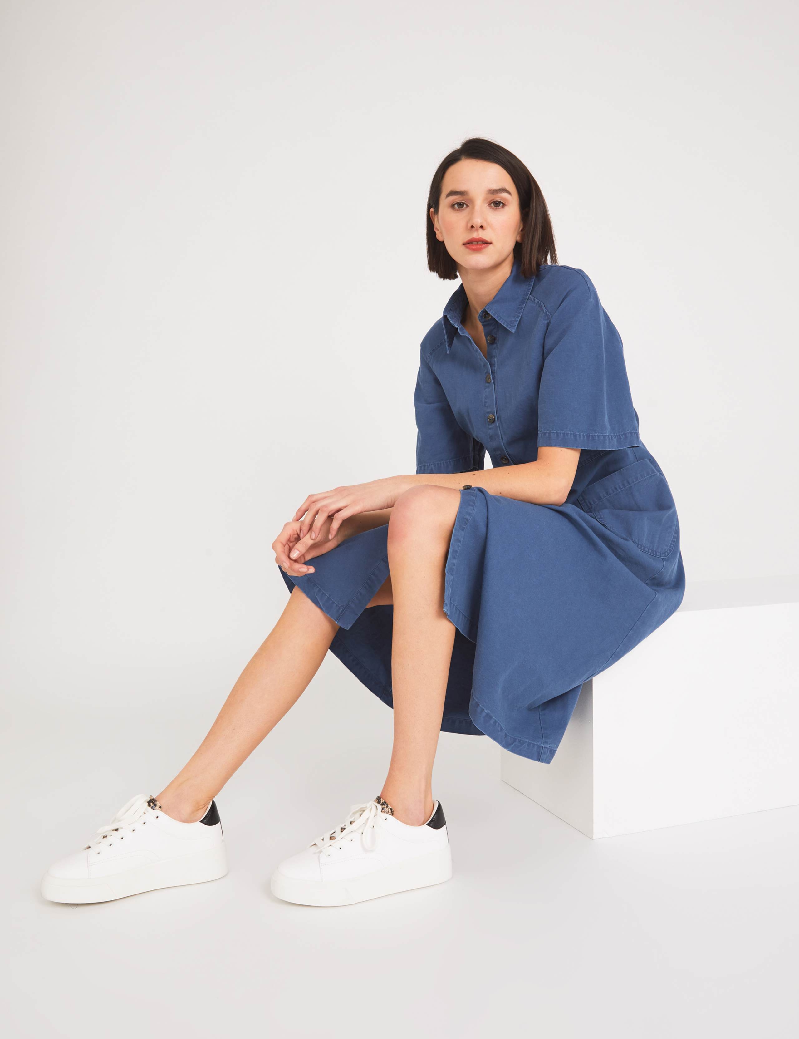 Denim Collared Midi Shirt Dress 1 of 5