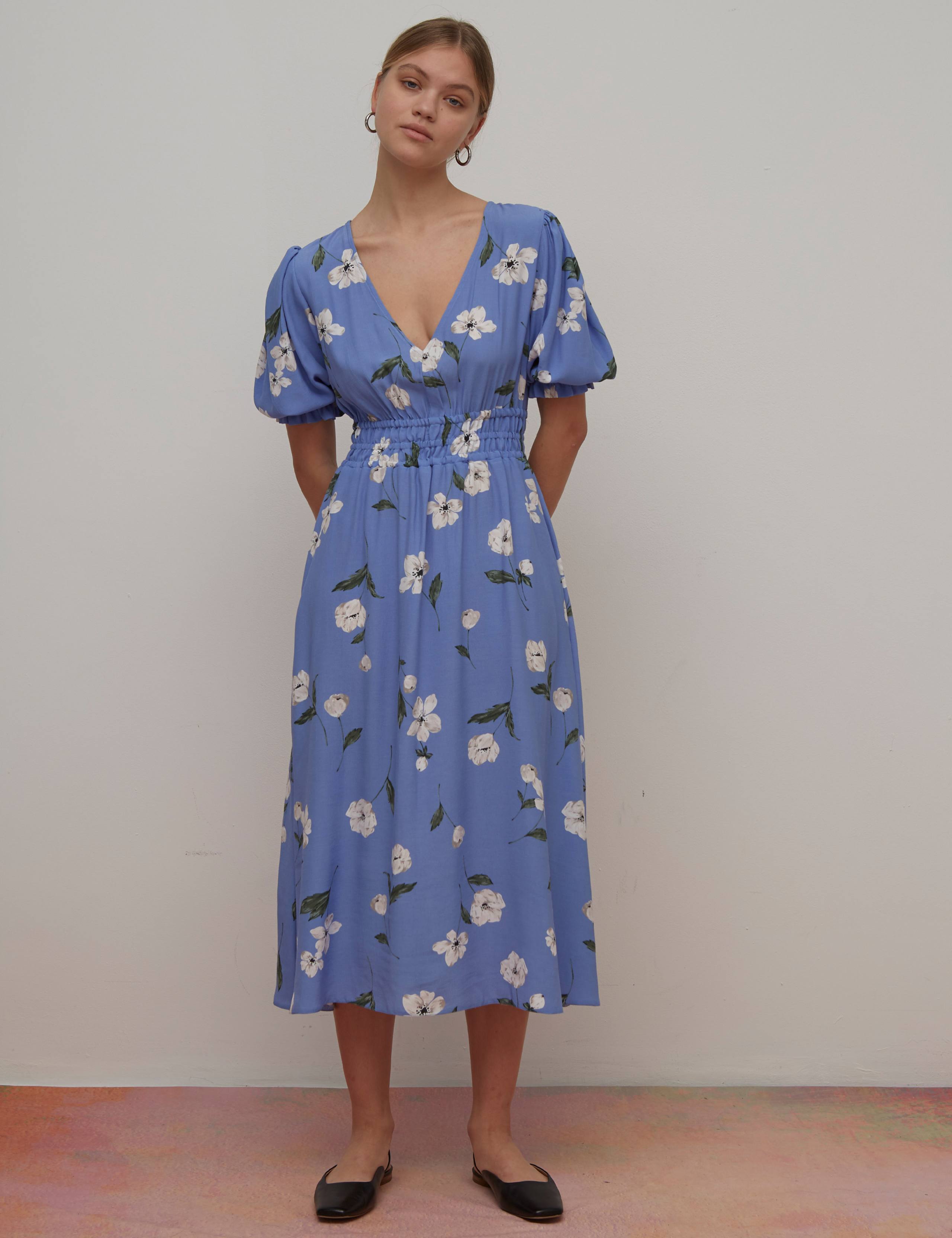 Floral V-Neck Midi Waisted Dress 1 of 4
