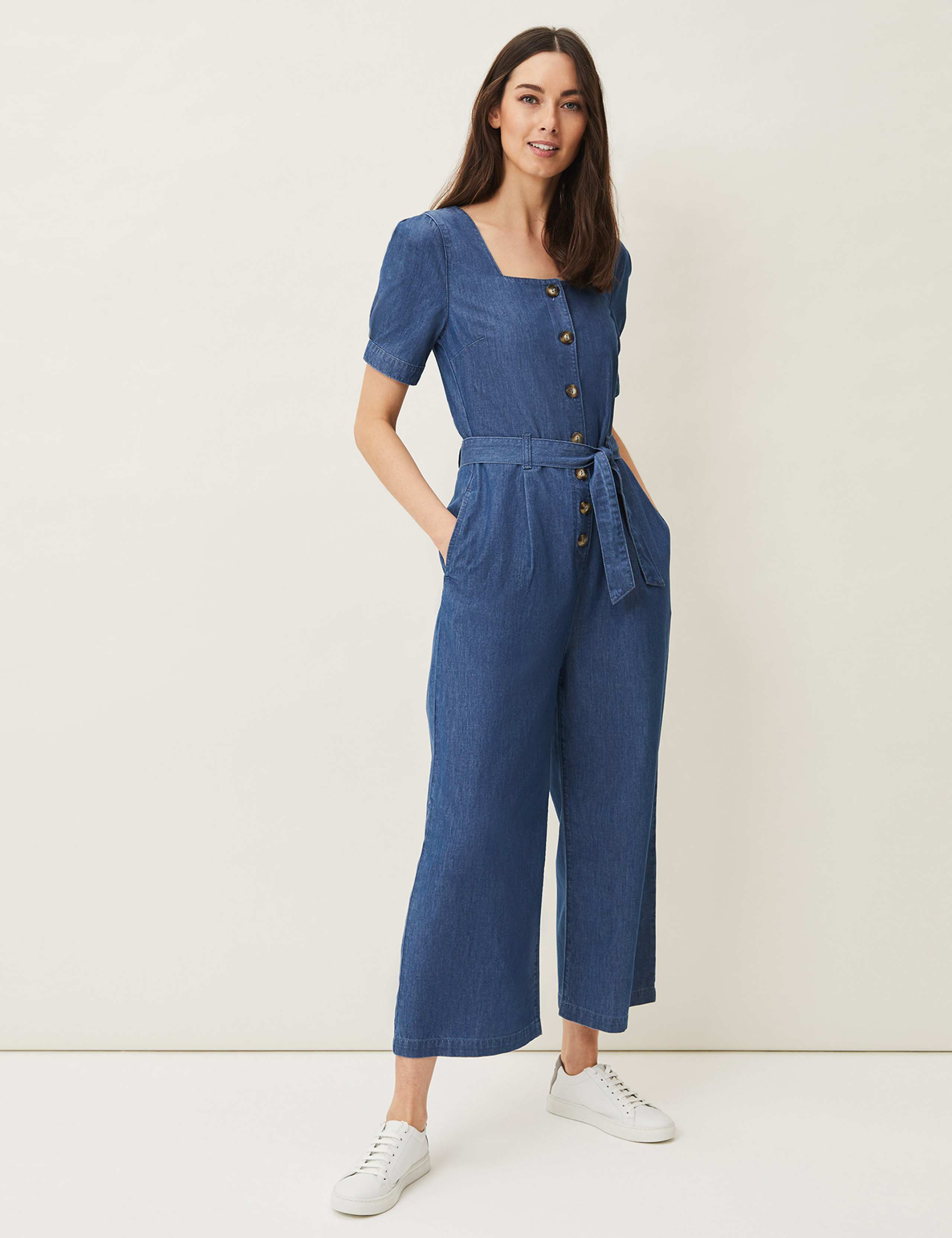 Denim Belted Short Sleeve Cropped Jumpsuit 1 of 5