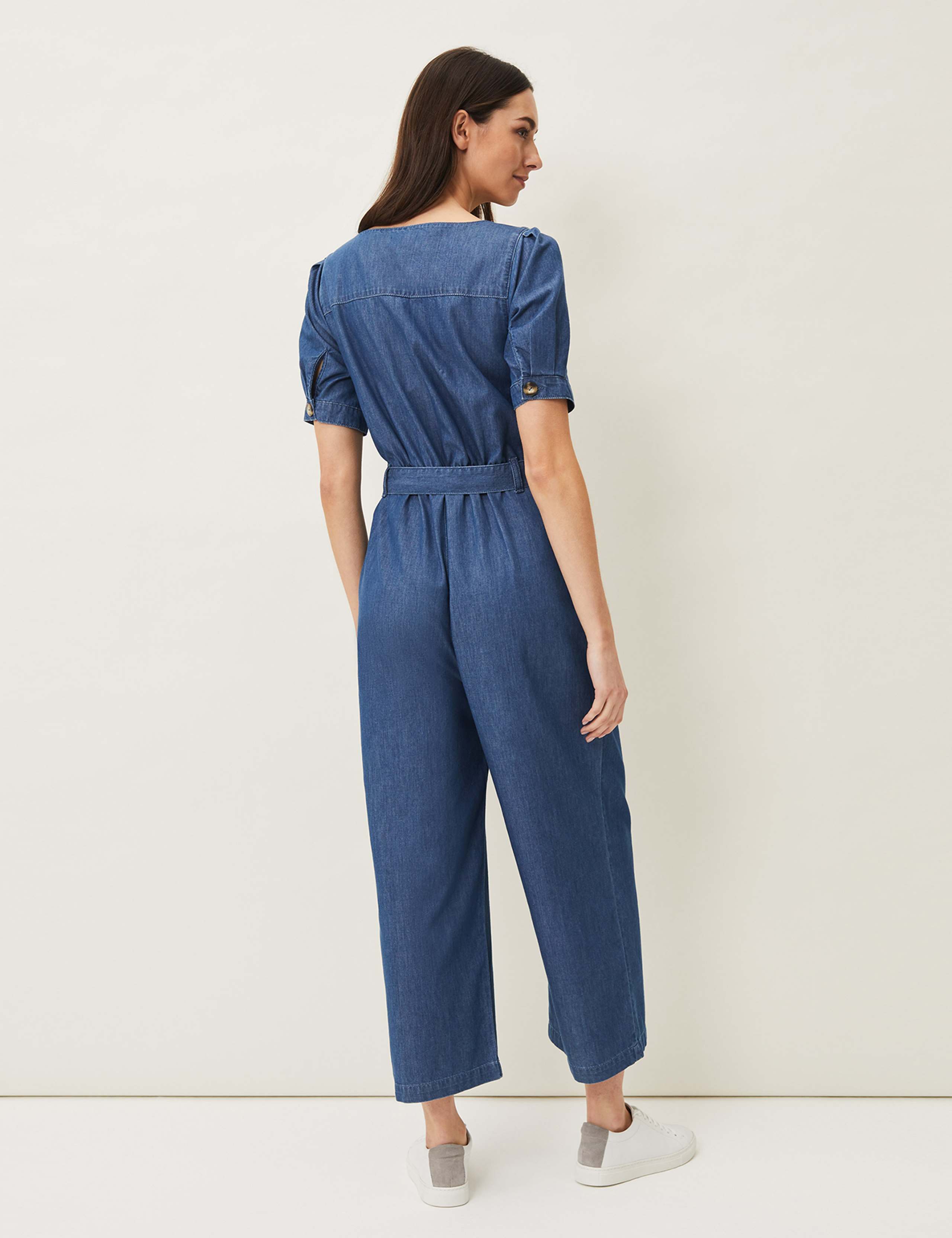 Denim Belted Short Sleeve Cropped Jumpsuit 2 of 5