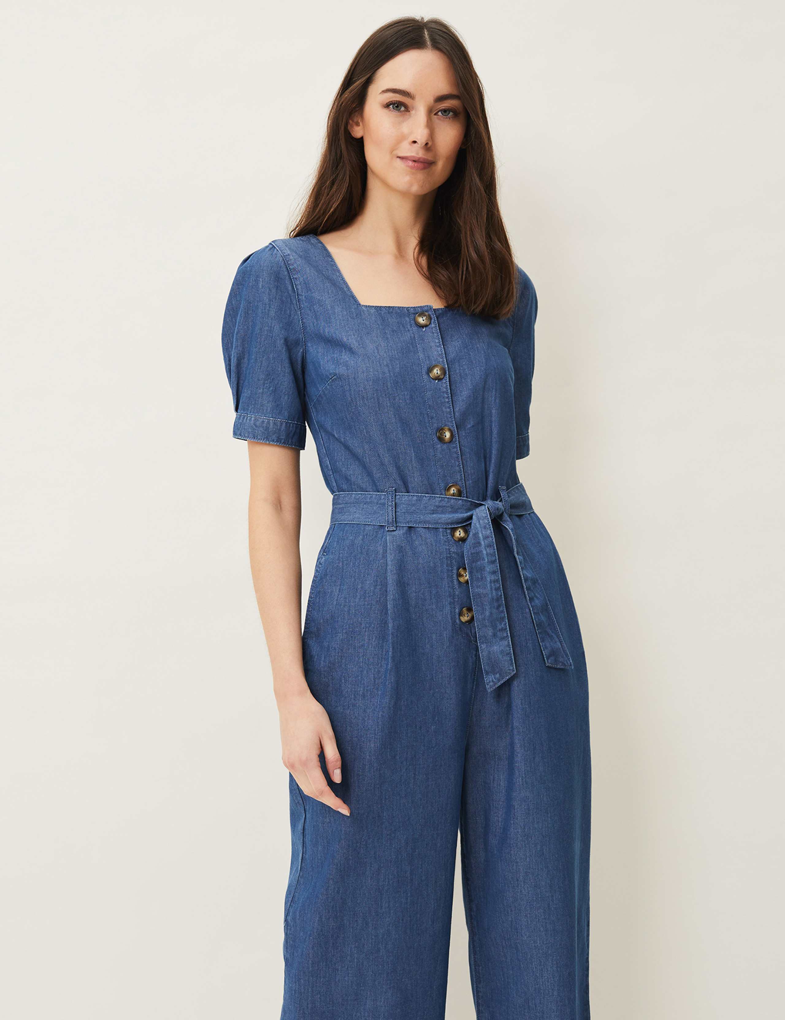 Denim Belted Short Sleeve Cropped Jumpsuit 5 of 5