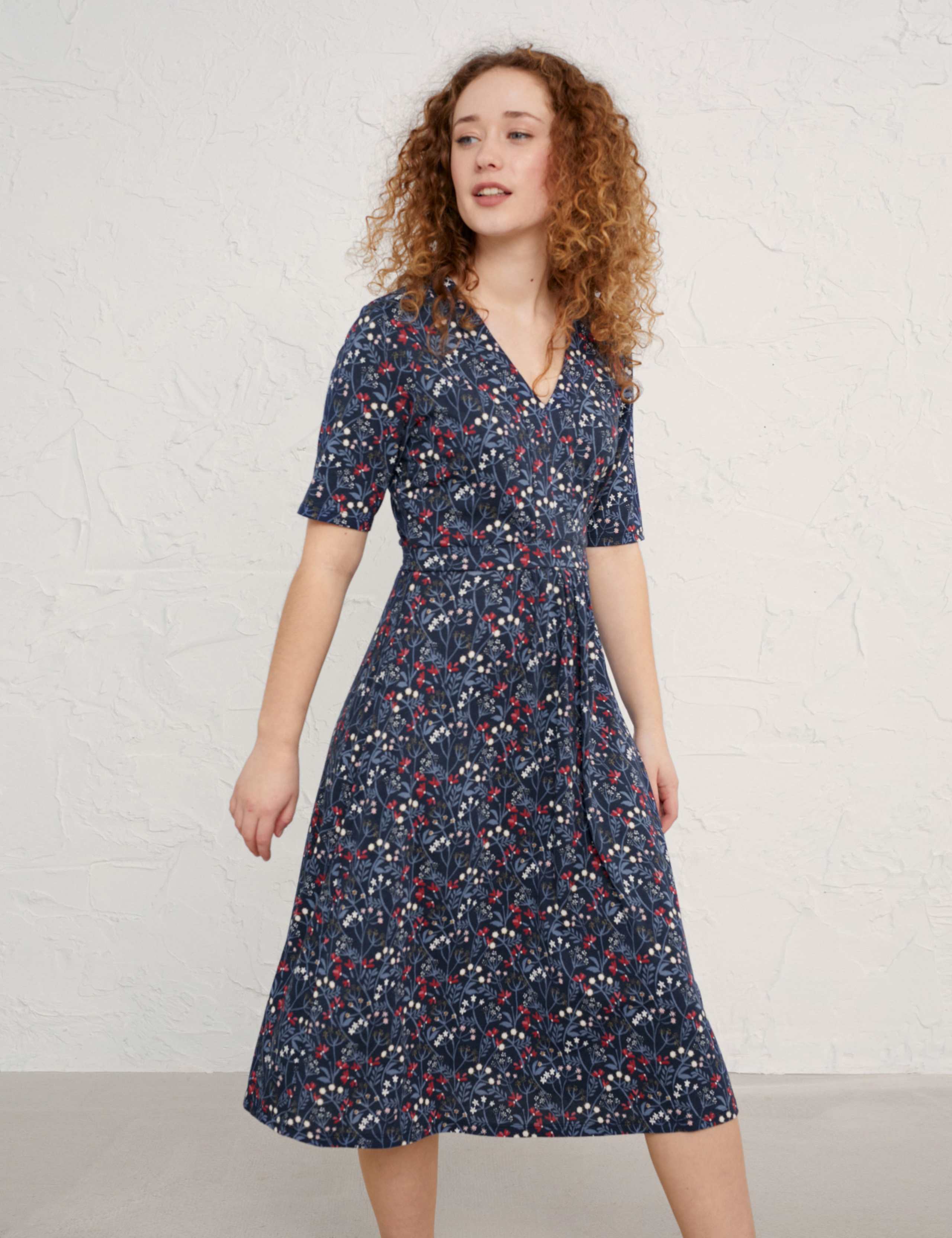 Cotton Floral V-Neck Waisted Midi Dress 1 of 5