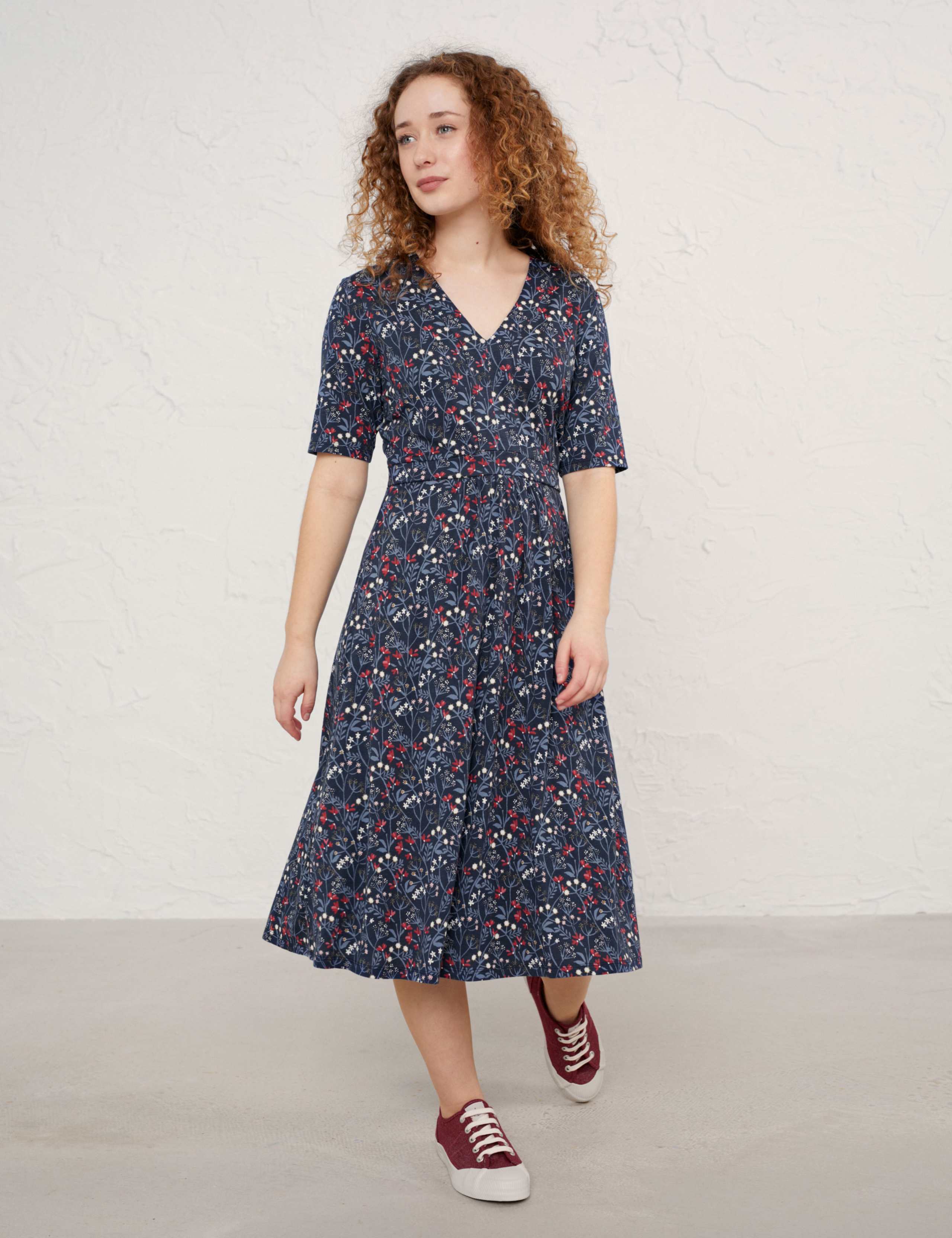 Cotton Floral V-Neck Waisted Midi Dress 3 of 5