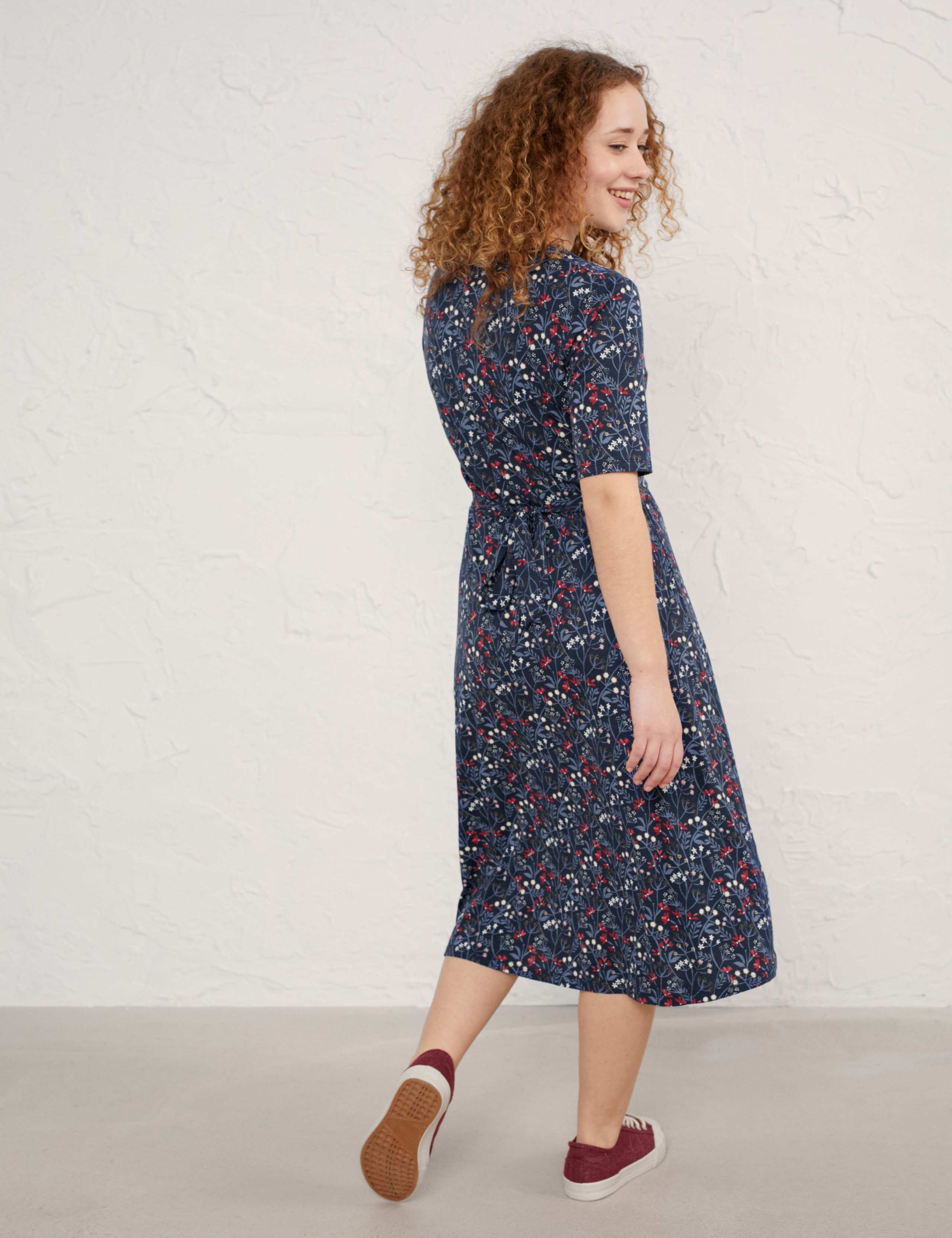 Cotton Floral V-Neck Waisted Midi Dress 4 of 5
