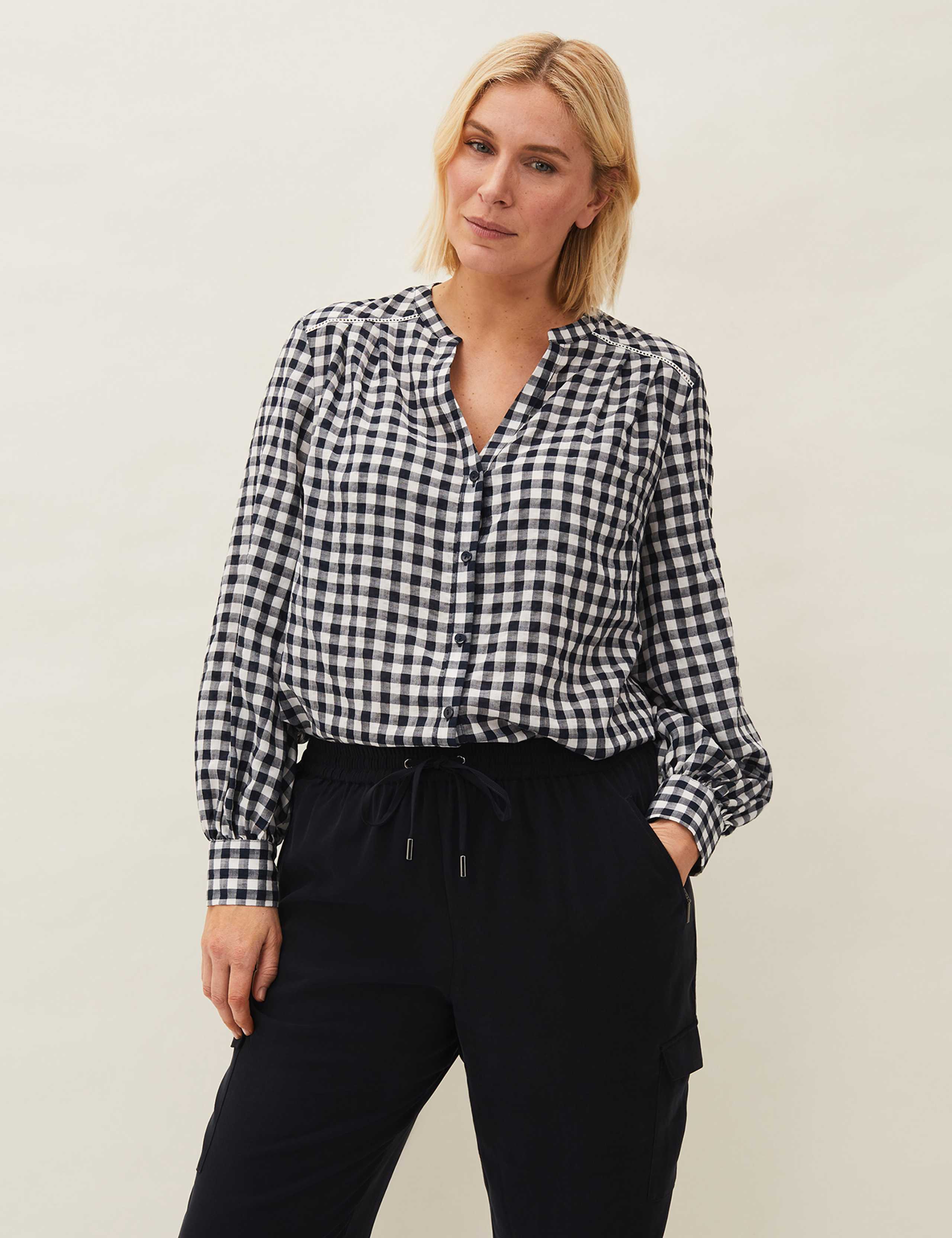 Checked V-Neck Blouson Sleeve Blouse 2 of 5