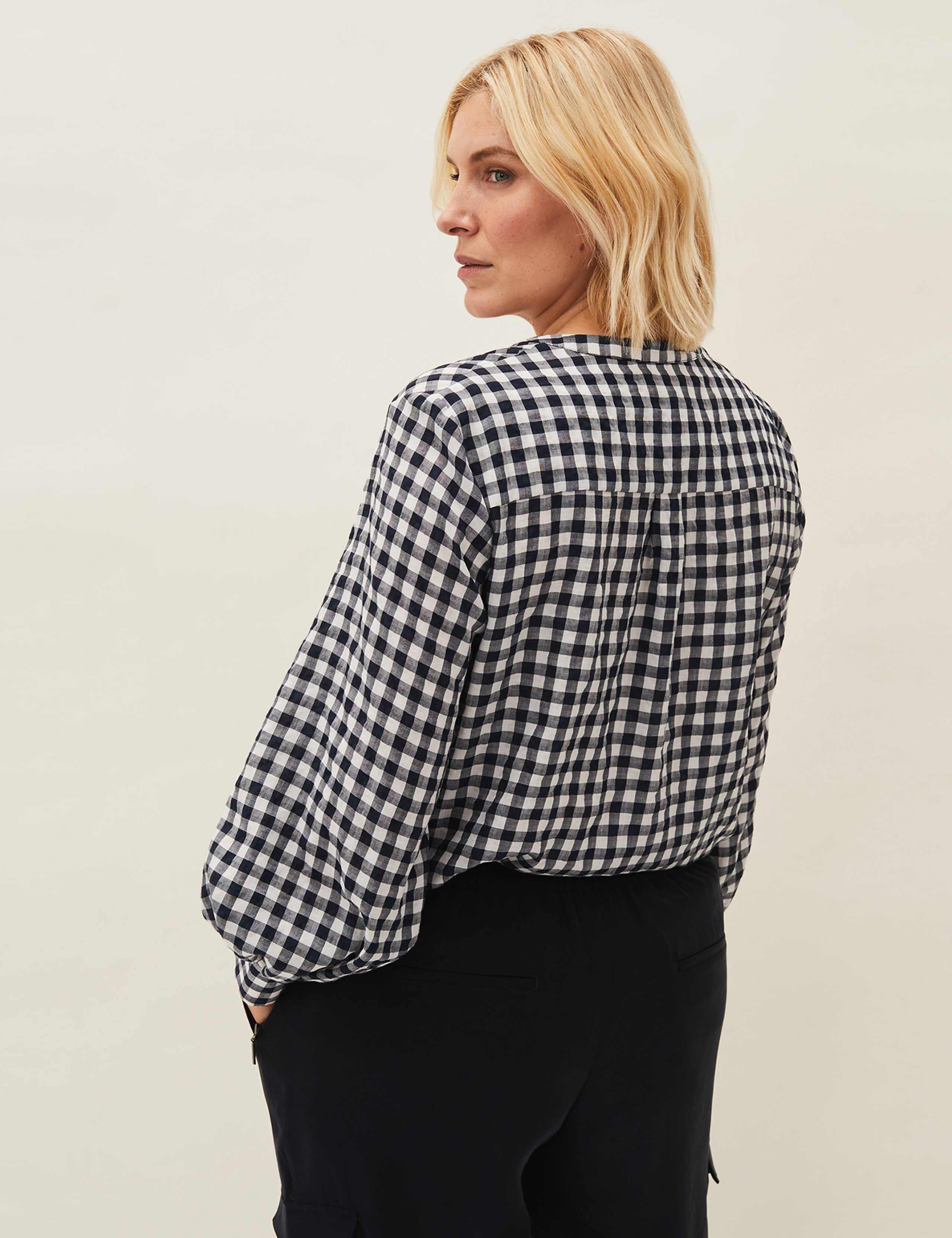 Checked V-Neck Blouson Sleeve Blouse 3 of 5
