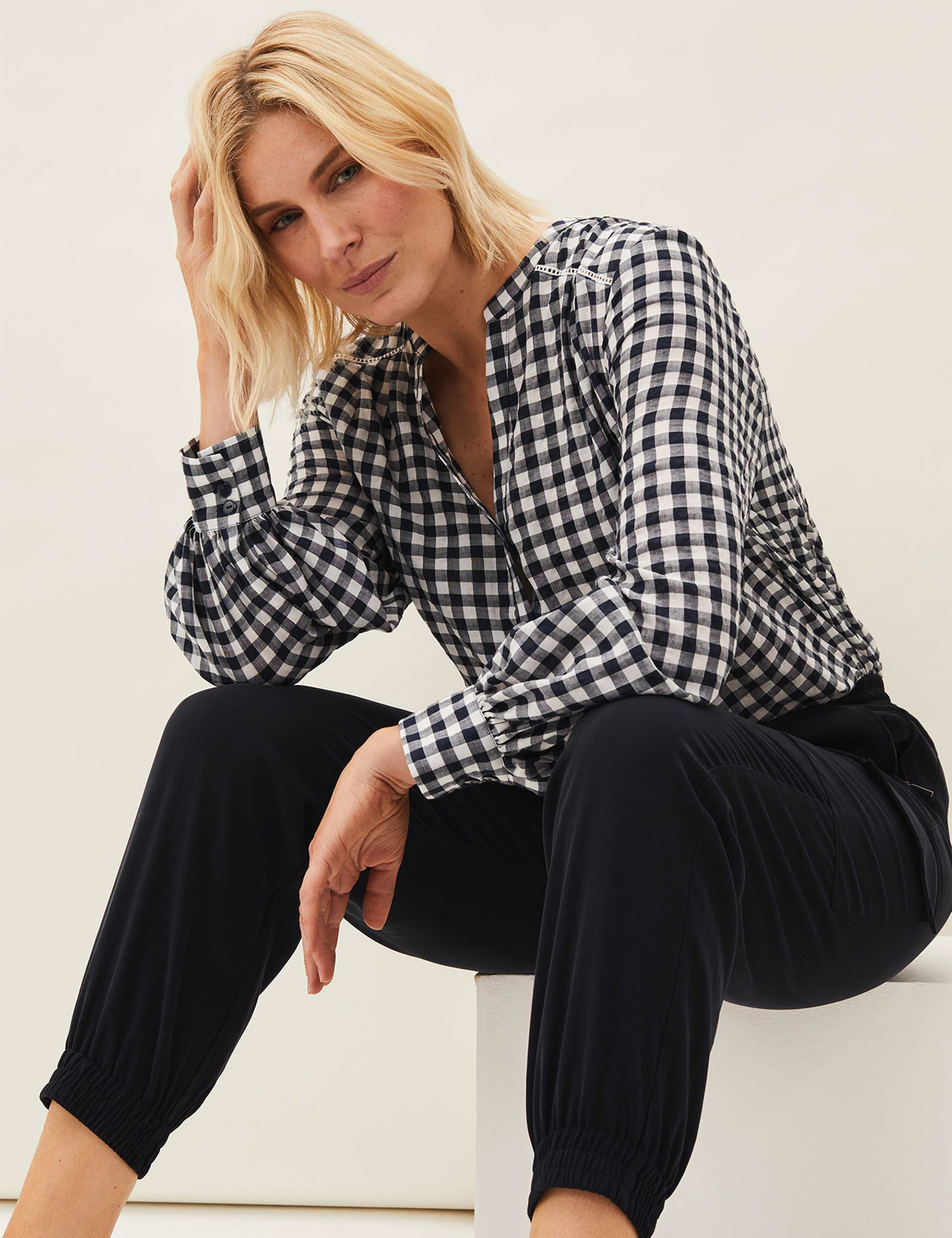 Checked V-Neck Blouson Sleeve Blouse 5 of 5
