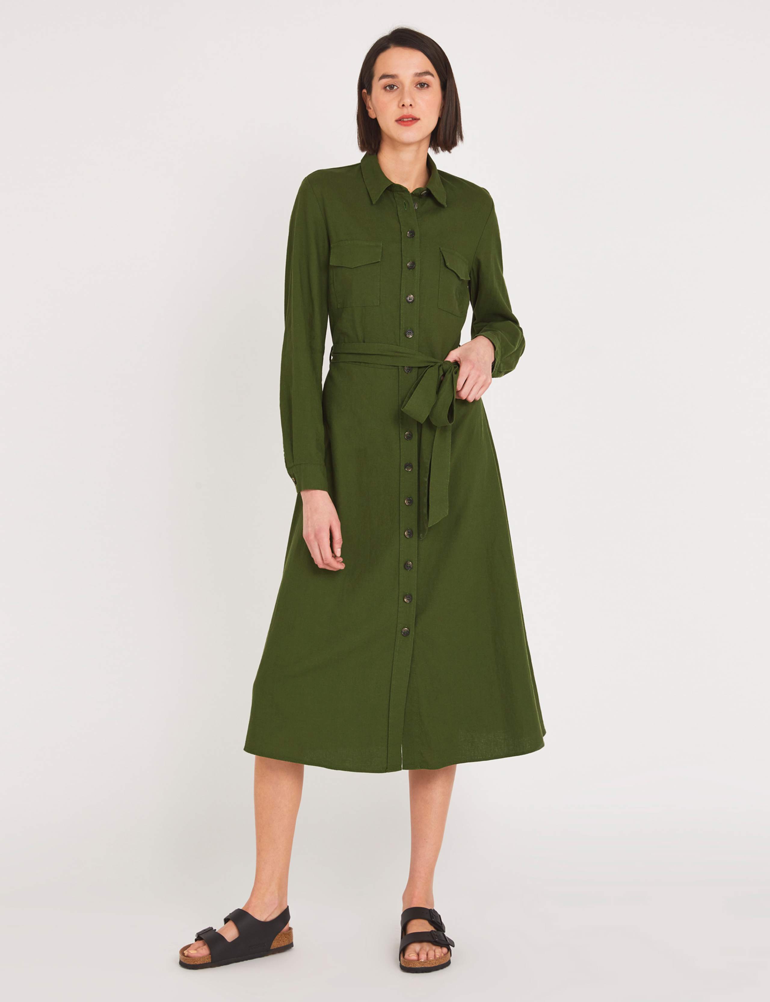 Linen Blend Tie Front Midi Shirt Dress 1 of 4