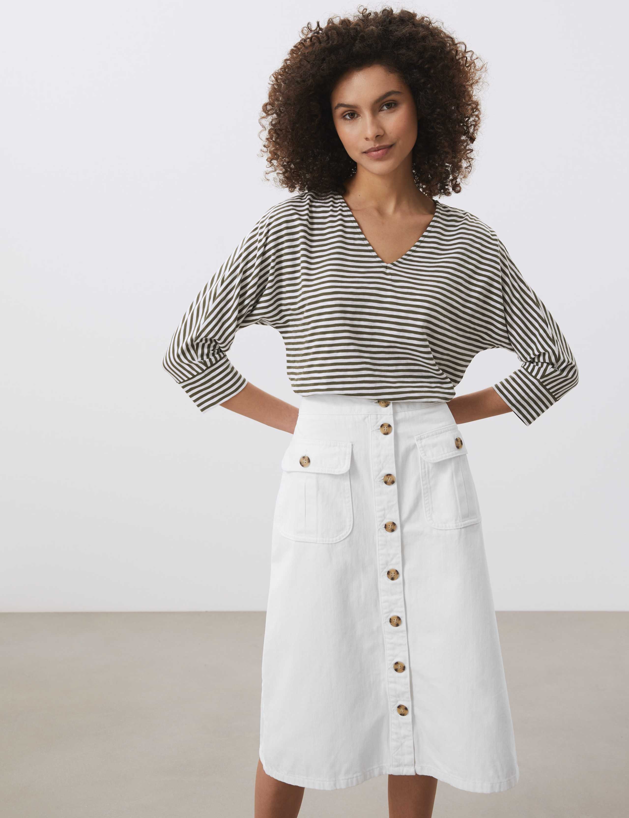 High Waisted Button-Through Denim A-Line Skirt 3 of 6