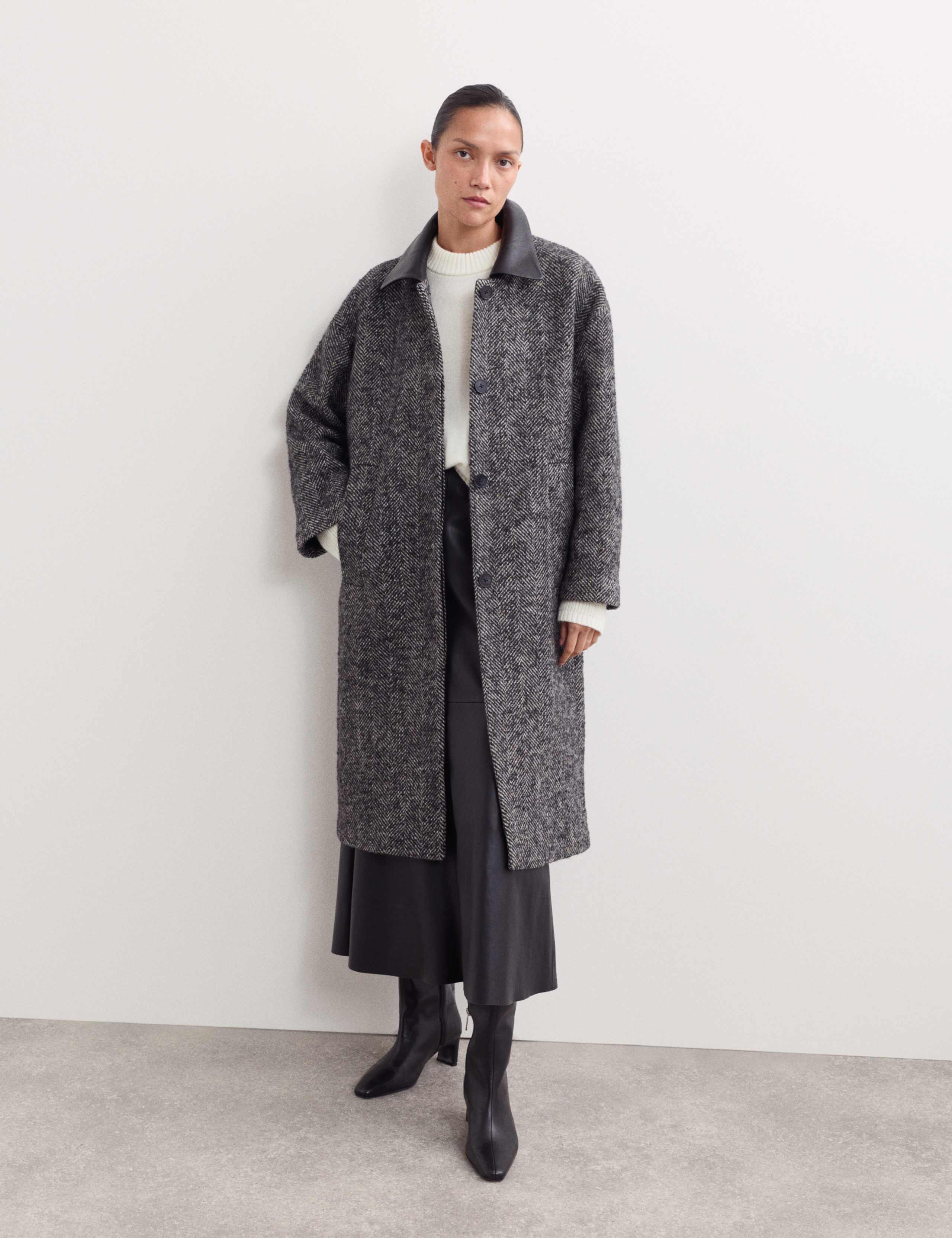 Wool Blend Herringbone Cocoon Longline Coat 3 of 7