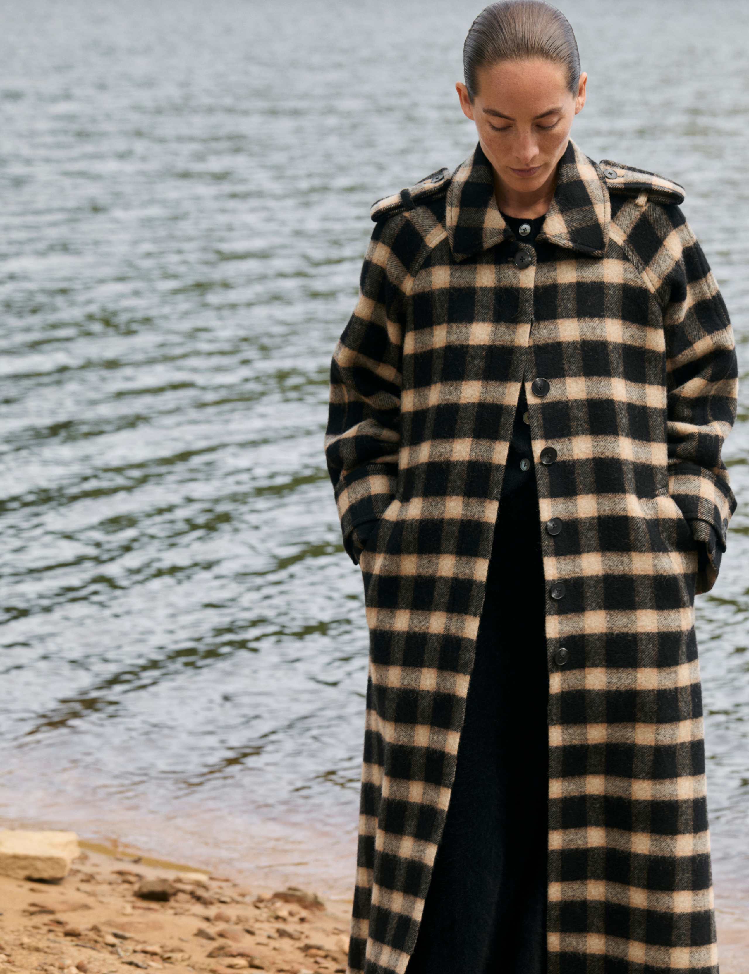 Pure Wool Checked Funnel Neck Coat 1 of 9