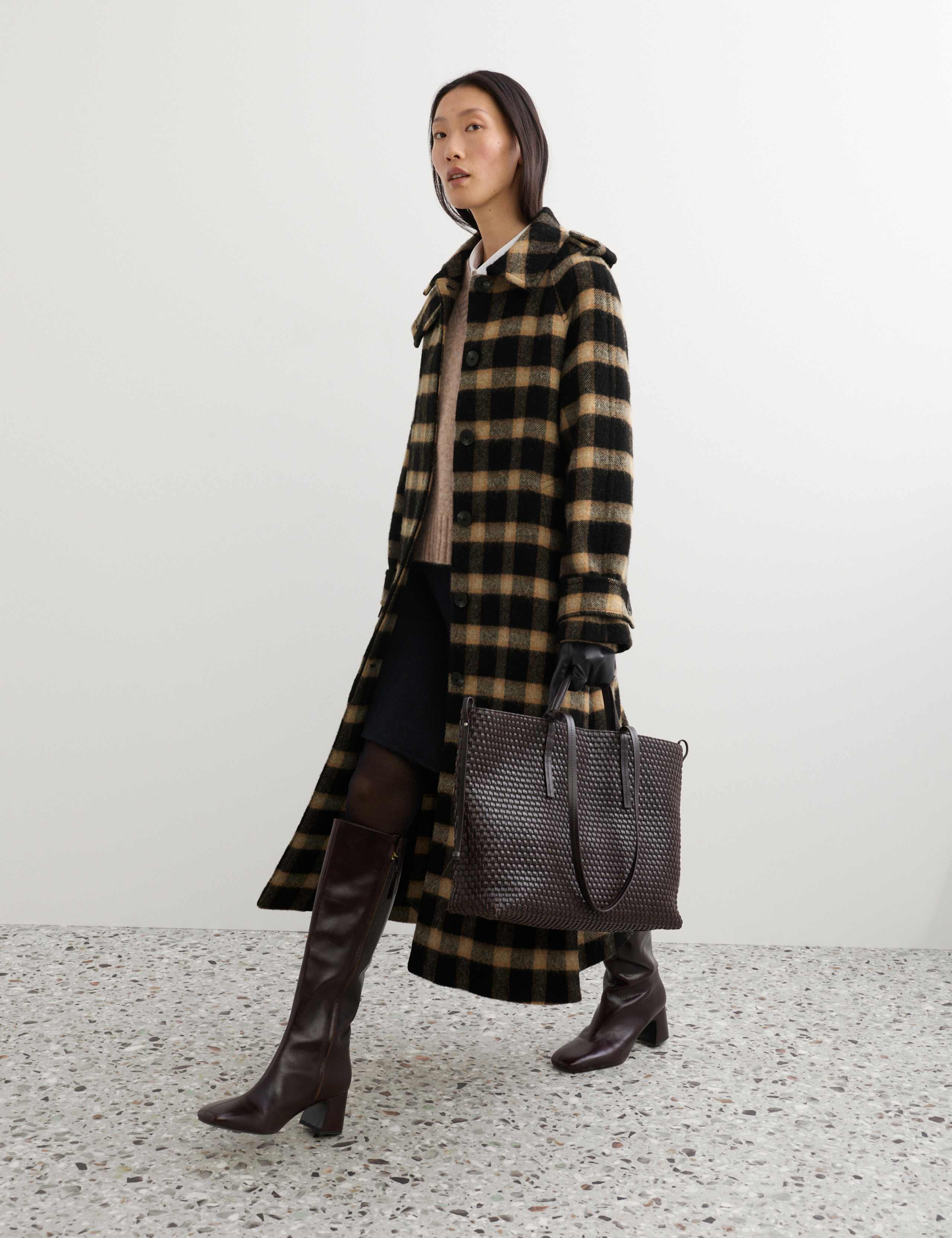 Pure Wool Checked Funnel Neck Coat 6 of 9