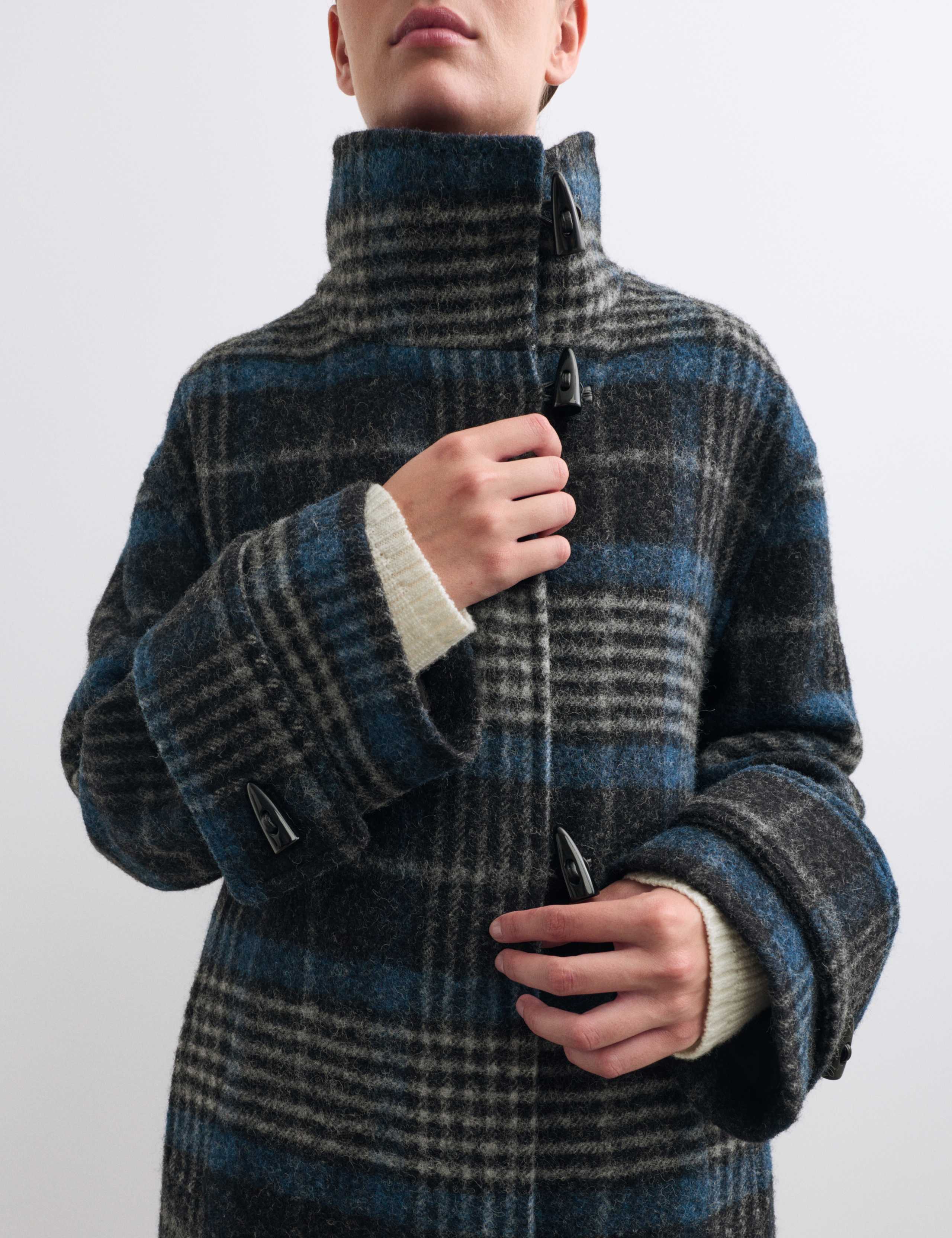 Pure Wool Checked Funnel Neck Duffle Coat 3 of 8