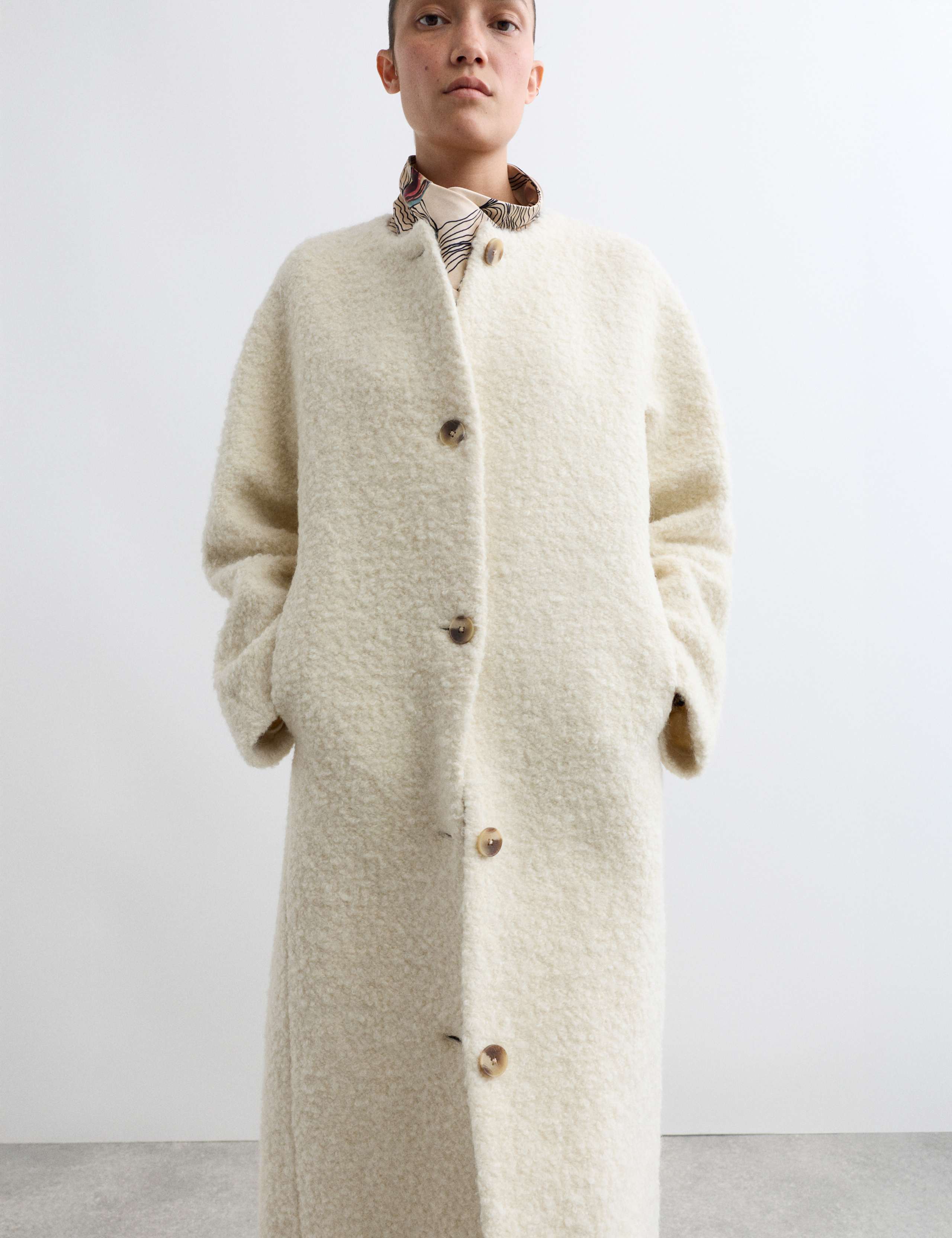 Wool Rich Bouclé Collarless Coat with Mohair 3 of 8